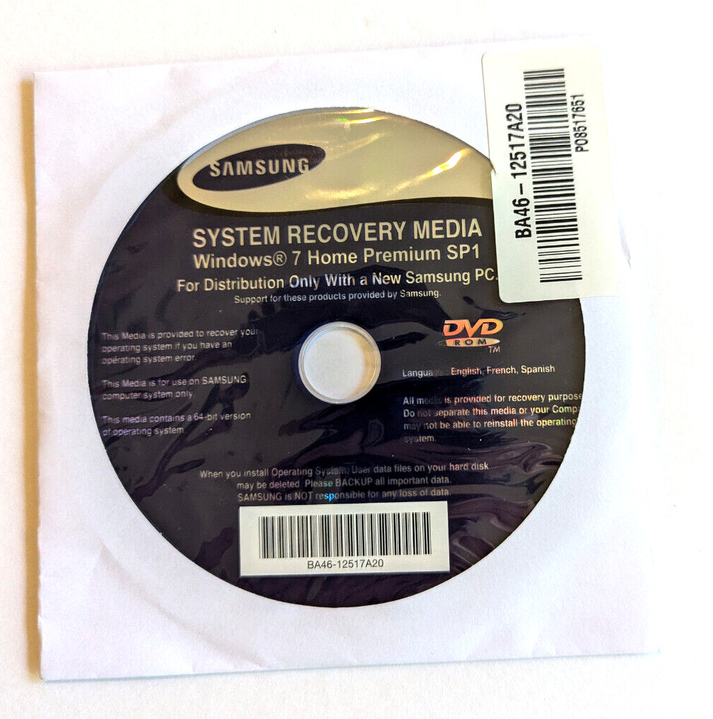 Samsung Windows 7 Home 64 Bit Premium SP1 System Recovery Manuals Media CD
