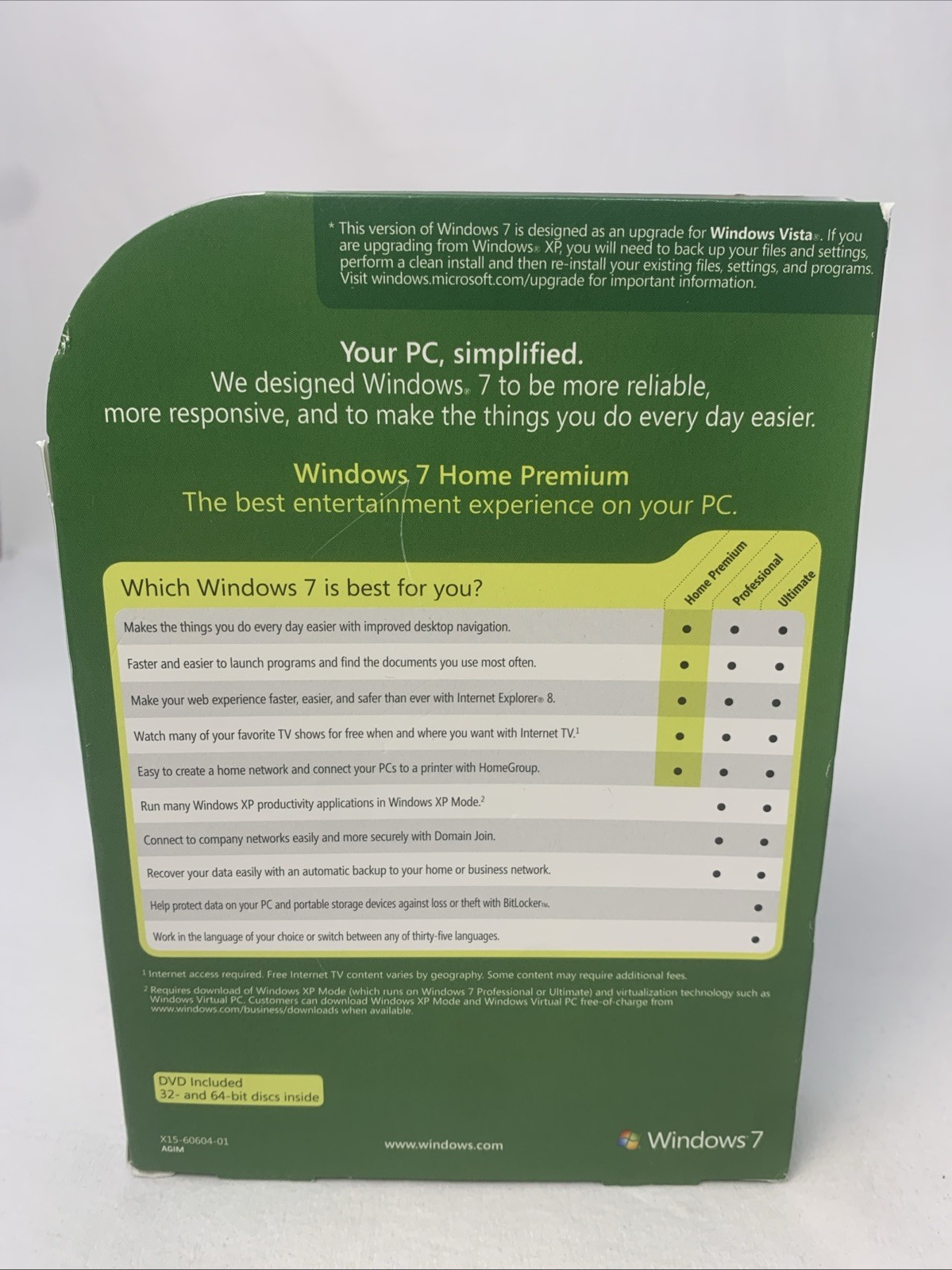Microsoft Windows 7 Home Premium Upgrade 32 & 64 Bit DVDs MS Windows With Key