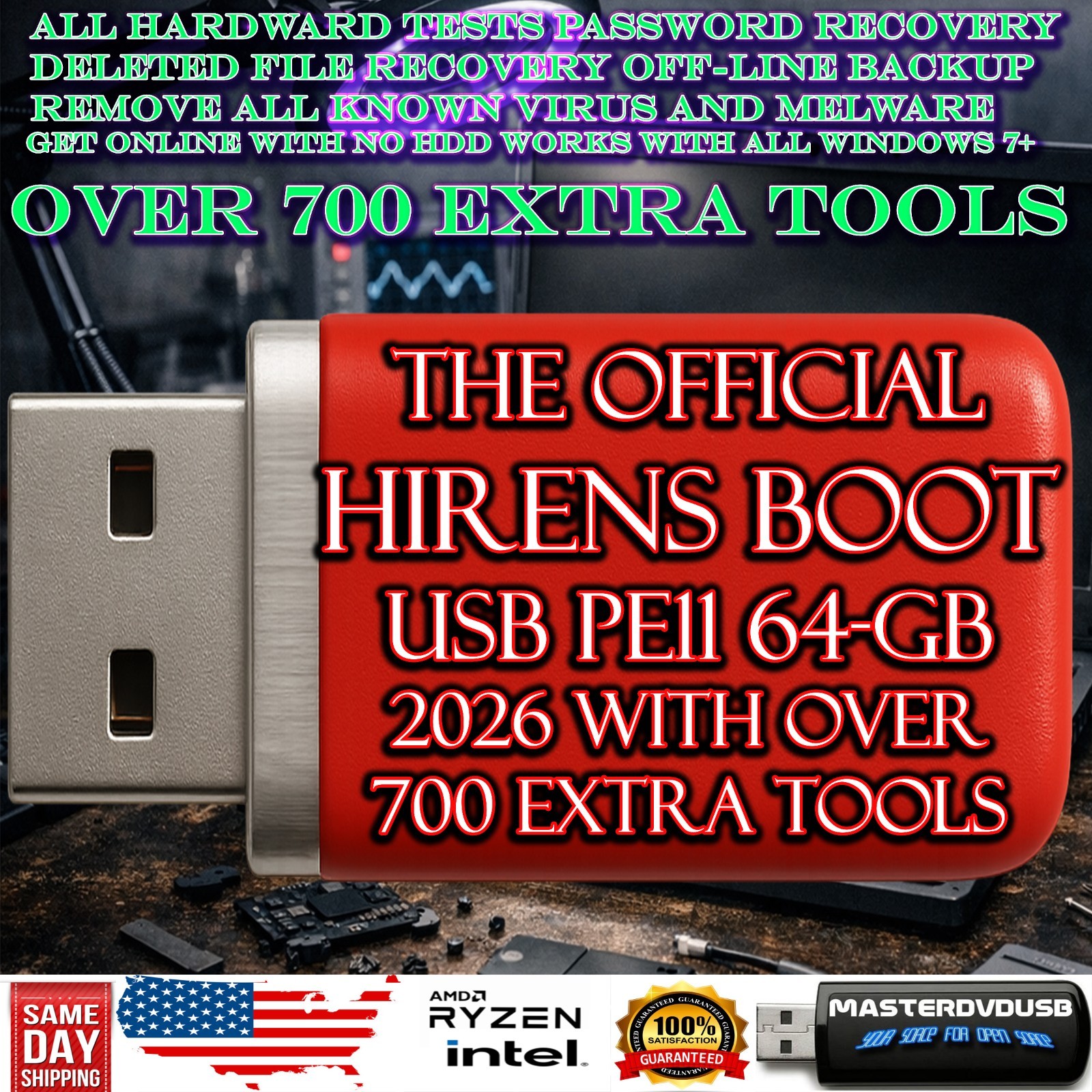 Hiren’s Boot PE 64GB USB • 700+ PC Repair Tools • Win11PE • Multi‑Boot UEFI BIOS
