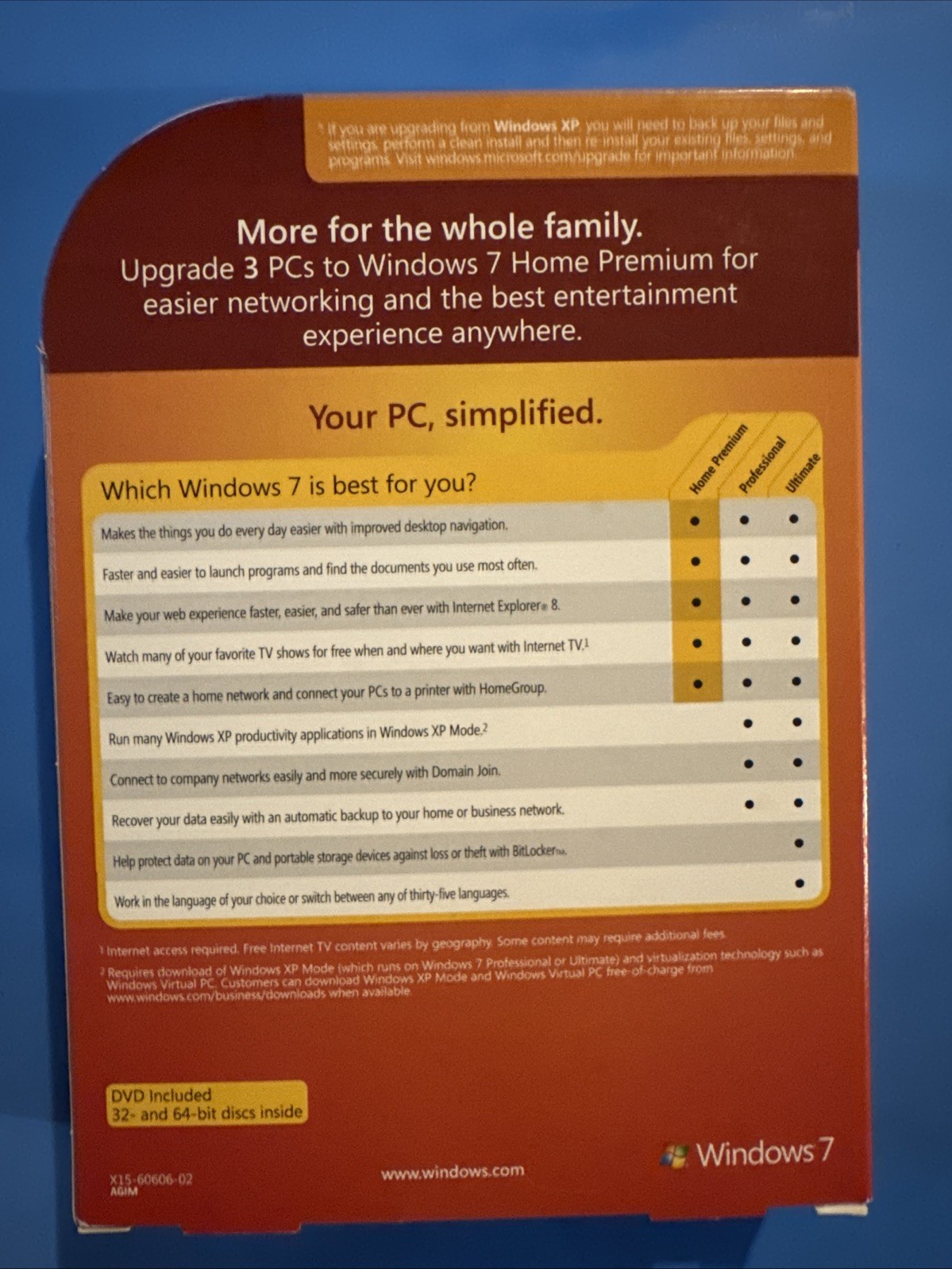 Microsoft Windows 7 Home Premium Upgrade Family Pack For 3 PCs 32 & 64 Bit DVD’s