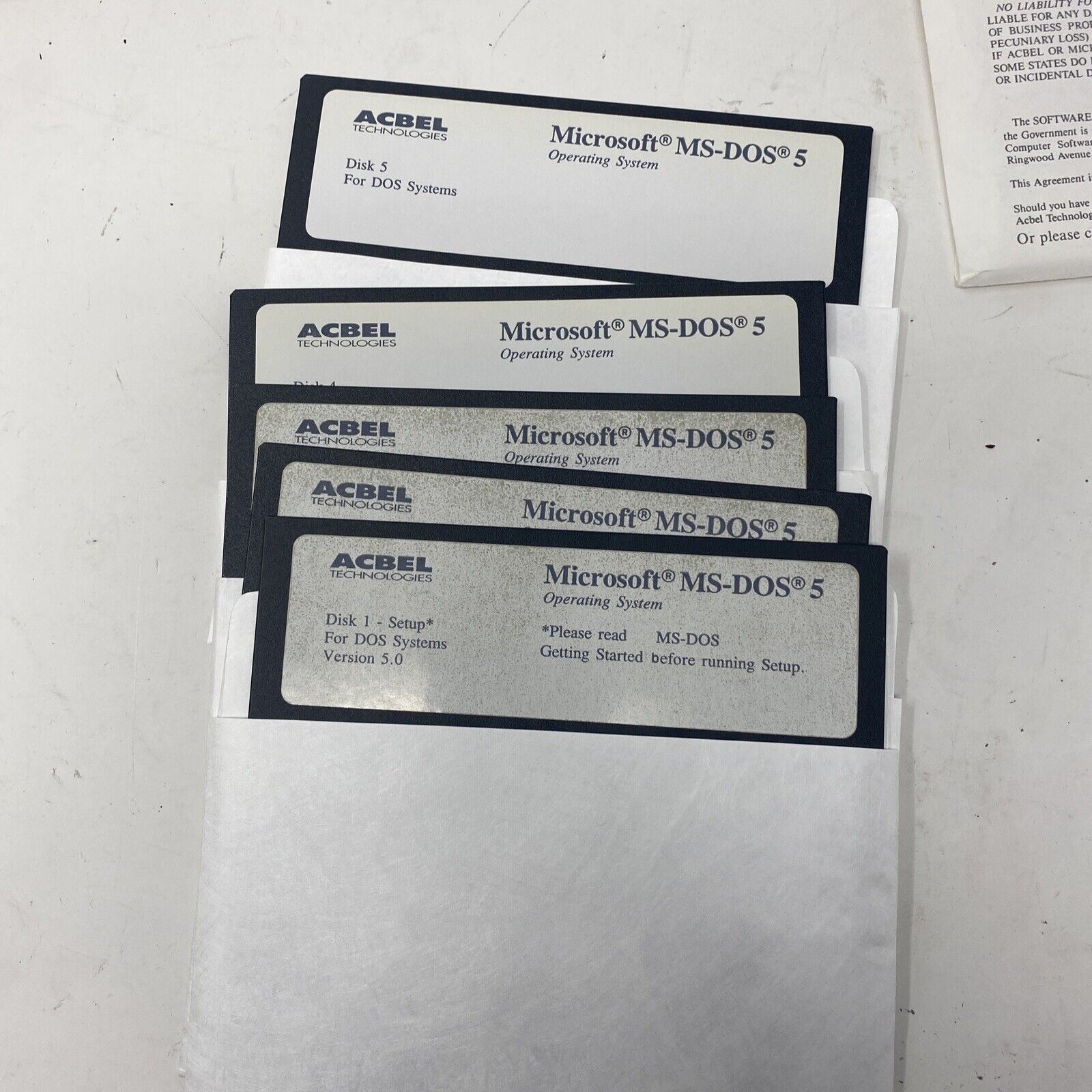 Microsoft MS-DOS 5 on 5 x 5-1/4″ 5.25″ Acbel Technologies Floppy Disks Complete