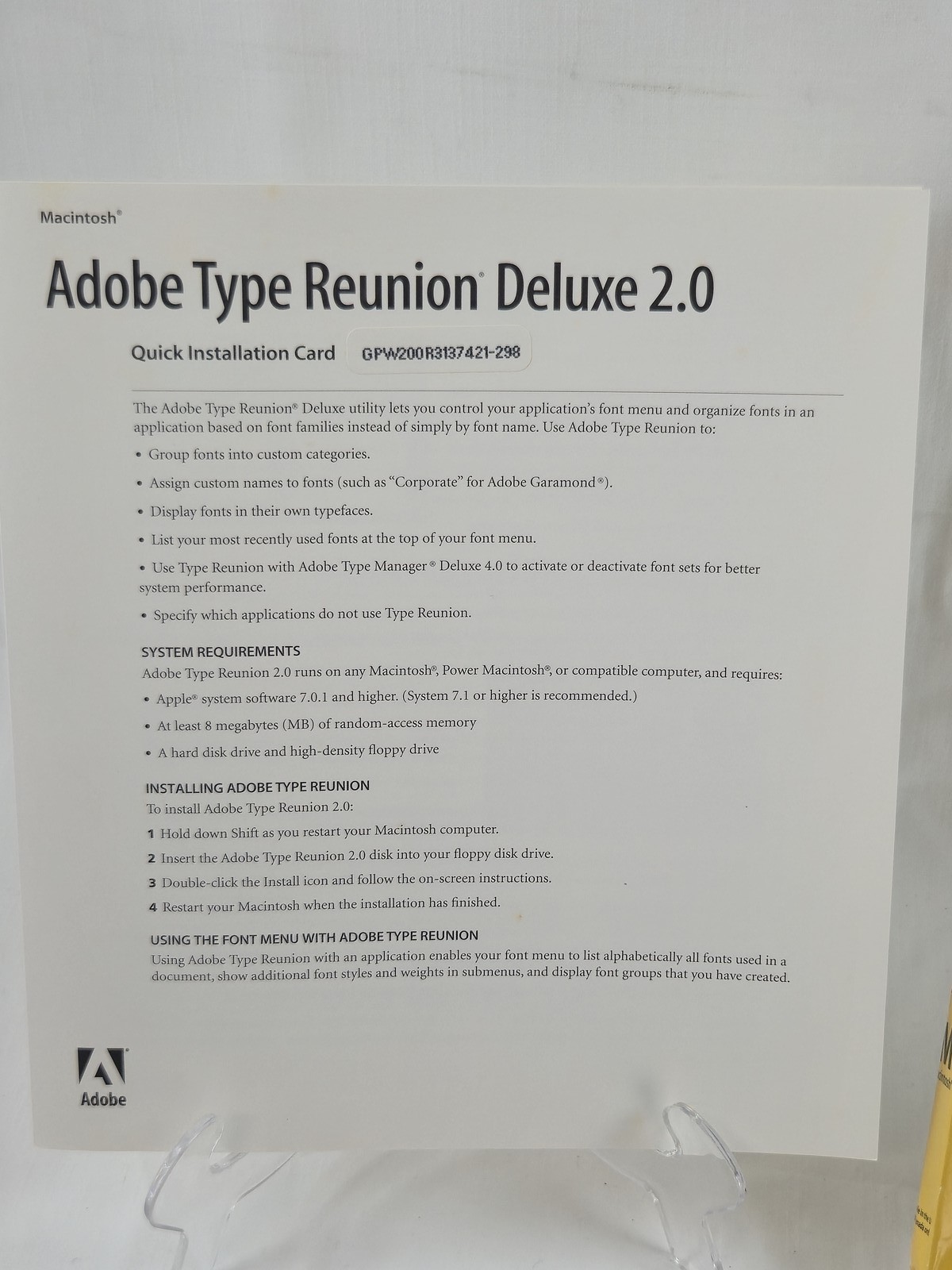 Adobe Type Reunion Deluxe 2.0 Macintosh Font Management Utility Software Vintage