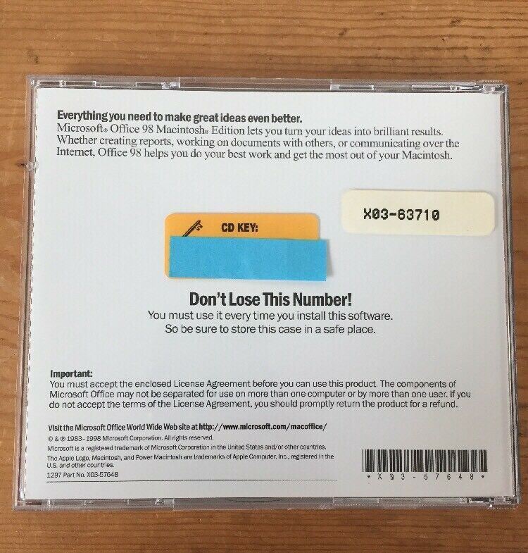 Vintage 1998 Office 98 Suite Macintosh Mac OS Edition X03-56083 Installation CD