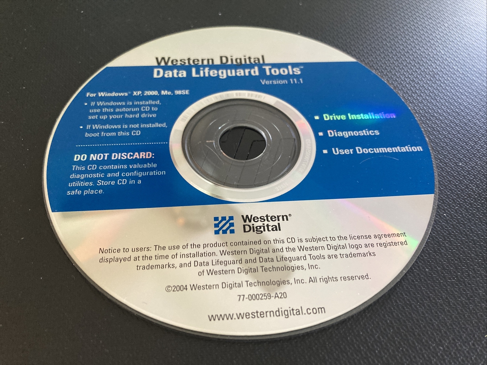 Western Digital Data Lifeguard Tools v 11.1 CD for Windows XP, 2000, ME, 98SE