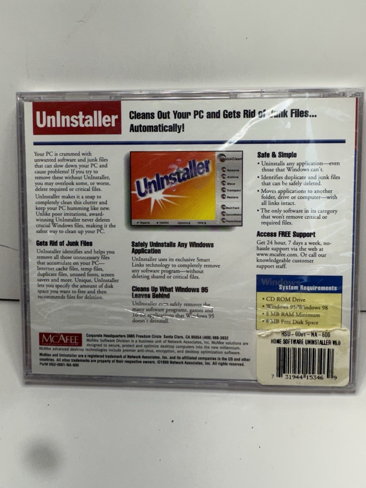 McAfee UnInstaller 6.0 Windows 95 98 PC CD-ROM Vintage Software New Sealed