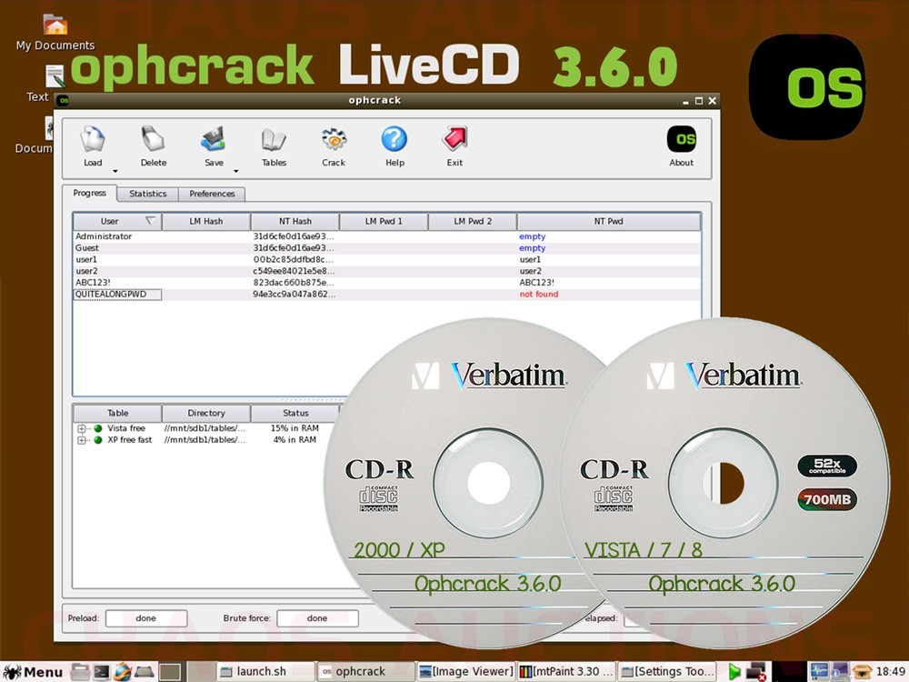 Ophcrack Windows Password Recovery 3.6.0 LIVE Bootable CDs – XP / VISTA / 7 / 8