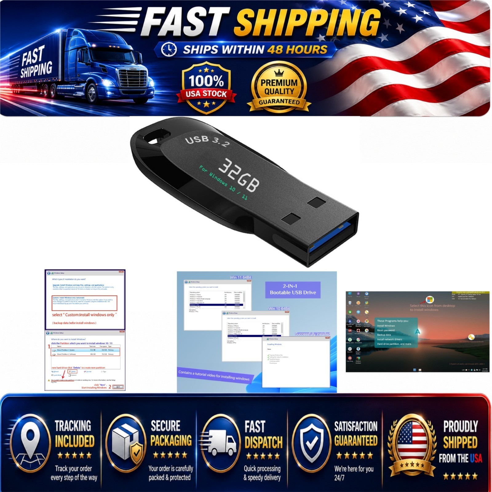 32GB Bootable Windows 10 & 11 USB Drive – Install/Recovery Tool