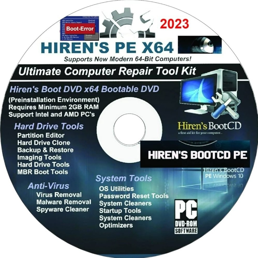 Hiren’s Boot Disc PE 1.0.8 Recovery & Repair Windows XP 7 8 10 & 11 CD DVD