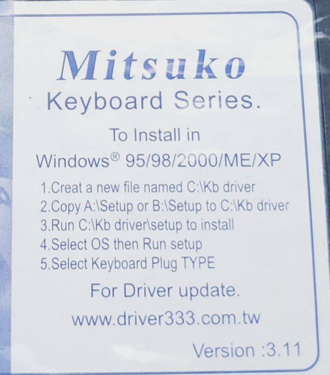 SEALED Mitsuko Keyboard Series Driver v3.11 3.5″ Floppy Windows 95 98 ME XP