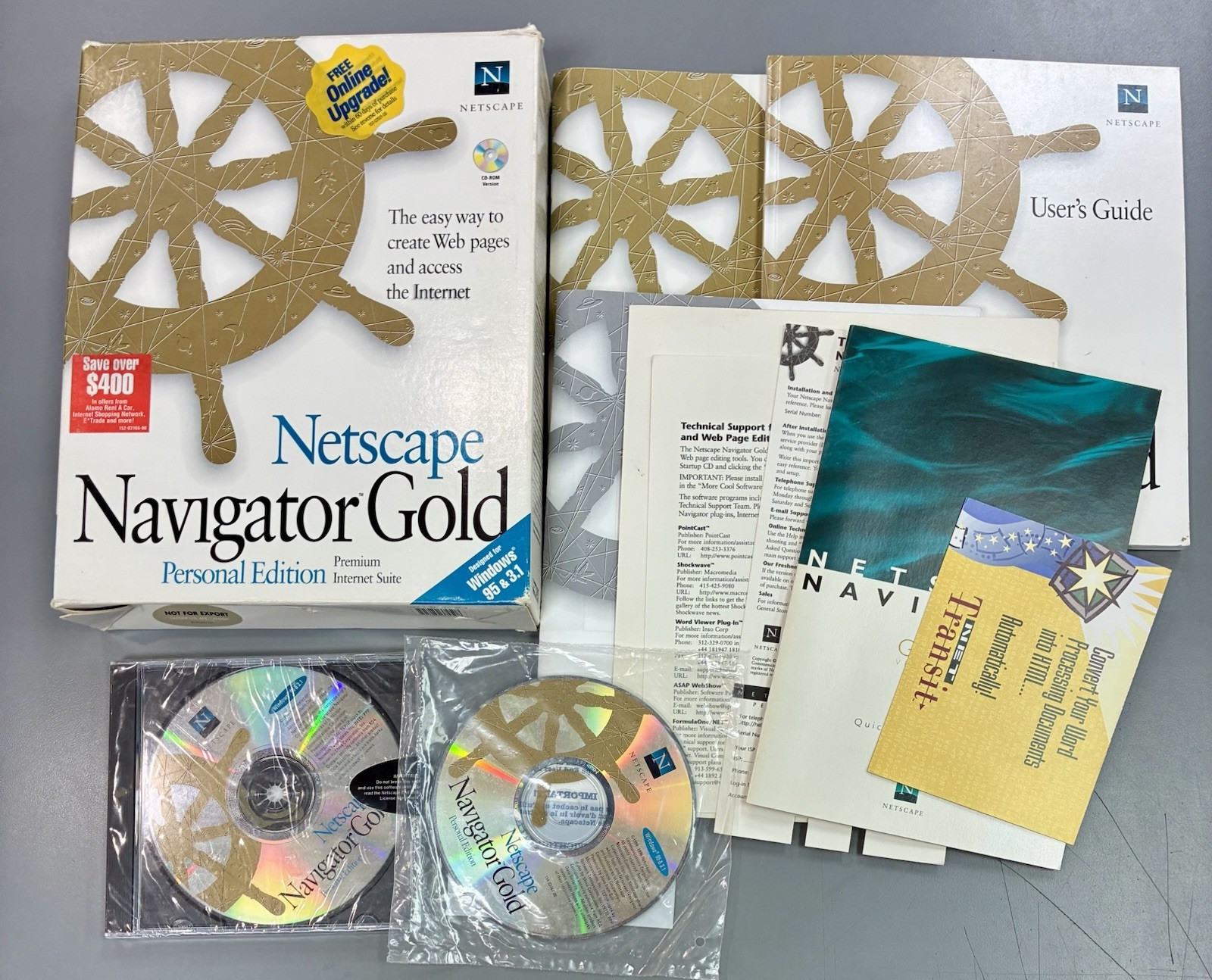 Vtg NETSCAPE NAVIGATOR Gold Browser BIG BOX COMPLETE Windows 95 & 3.1 CD 1996