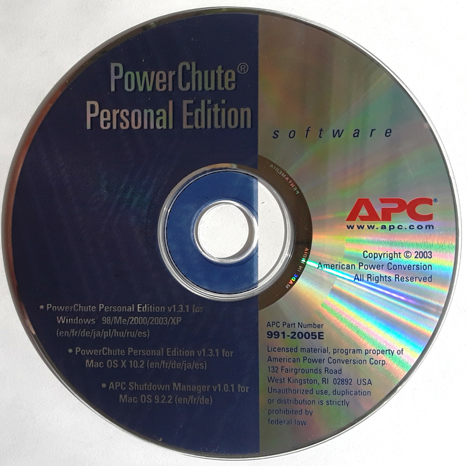 APC PowerChute Personal Ed Software CD Windows 98/Me/2000/2003/XP & Mac OSX 10.2
