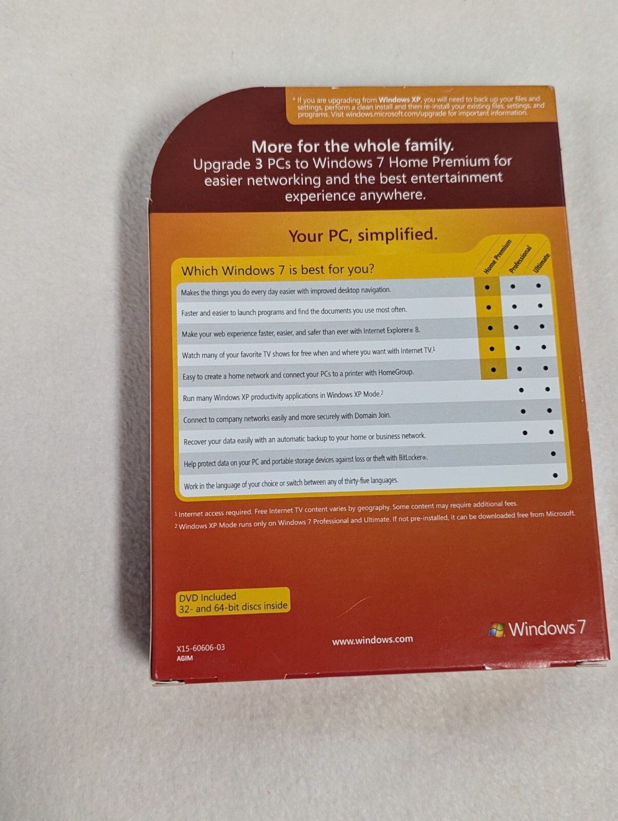 Microsoft Windows 7 Home Premium Upgrade Family Pack For 3 PCs 32 & 64 Bit DVD