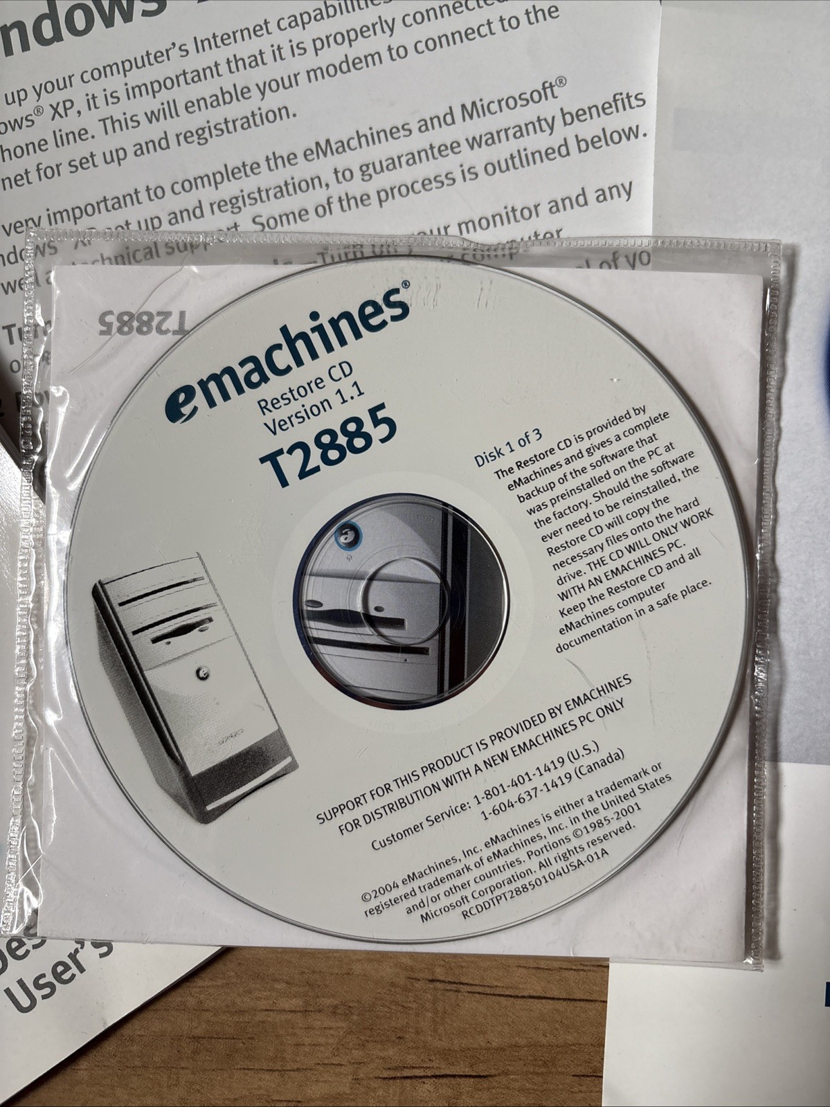 EMACHINES – T2885 PC RESTORE / BACKUP 3-DISC CD-ROM SET, SOFTWARE With Paperwork