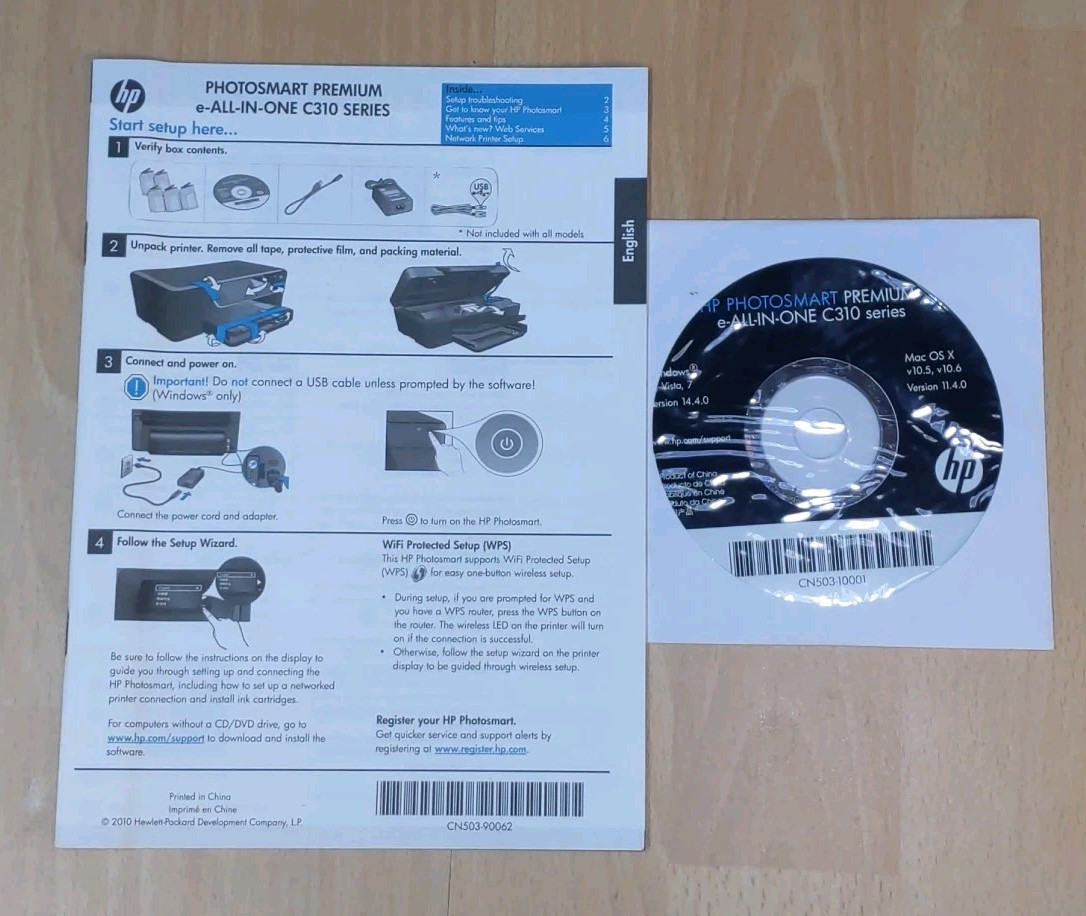 HP Photosmart Premium e-All In One C310 Series Printer Driver Disc & Setup Guide