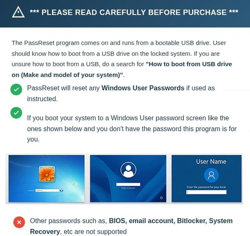 Password Reset Recovery USB for Windows 11 ,10 ,8.1 ,7 ,Vista , XP, Server Compa
