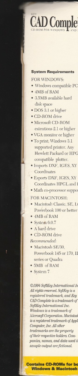 Key CAD Complete CD-Rom Software by Softkey for Windows 95 / 3.1 & MAC