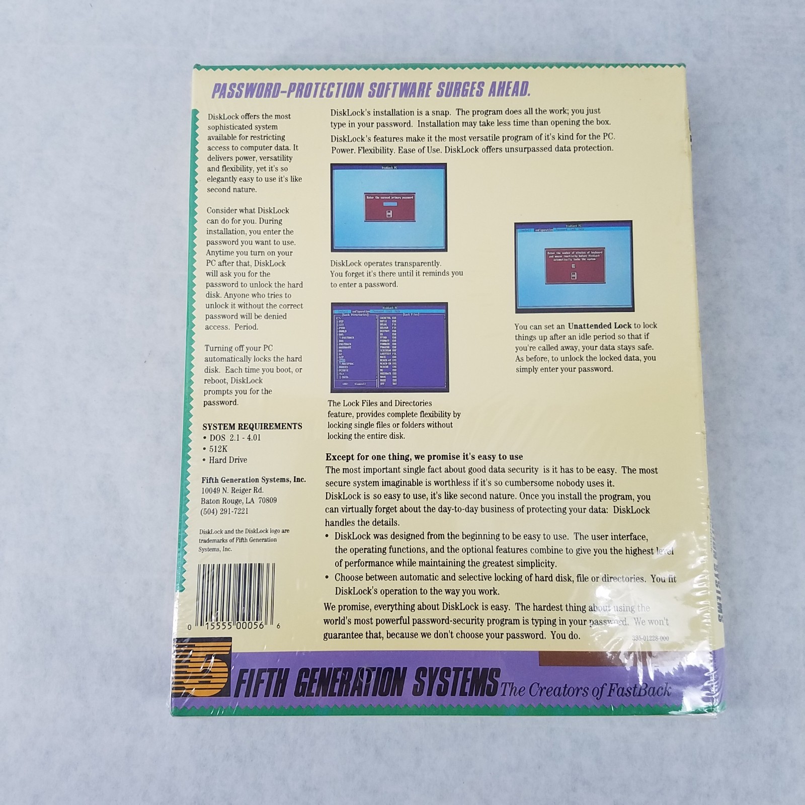 Disklock Fifth Generation Systems IBM PC/XT/AT, PS-2 Vintage Software – SEALED