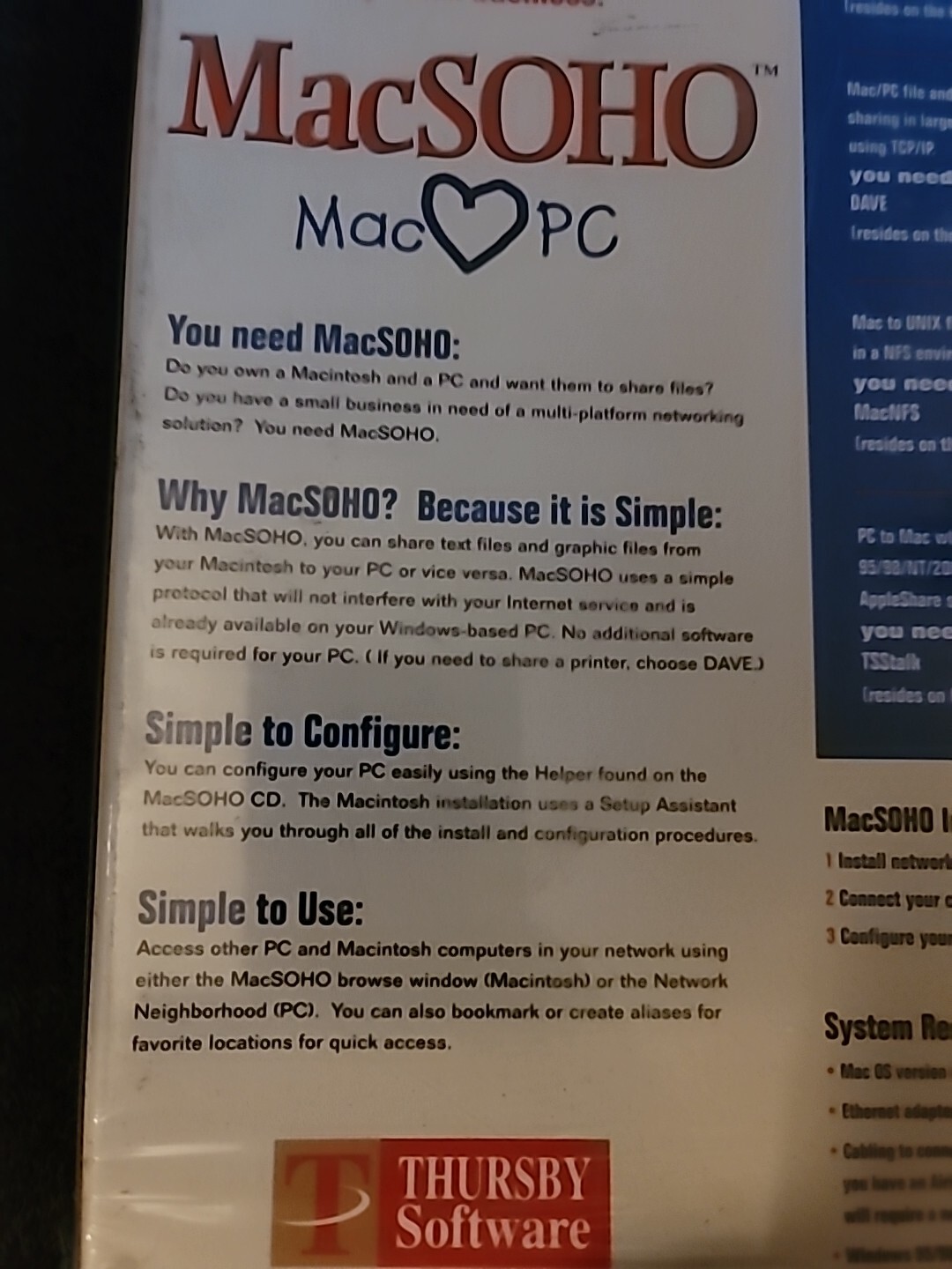 Apple Macintosh MacSOHO Software – V 1.0 – MAC PC File Sharing (Mac OS 8.6 9.X)
