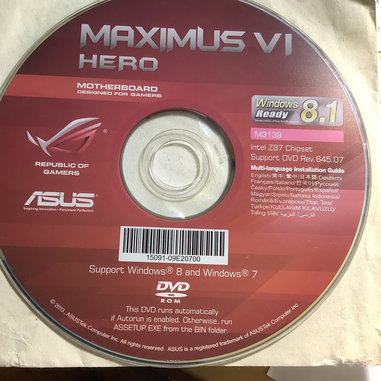 ASUS GENUINE MOTHERBOARD SUPPORT DISK Maximus VI Hero GENE M3139 -DVD ROM