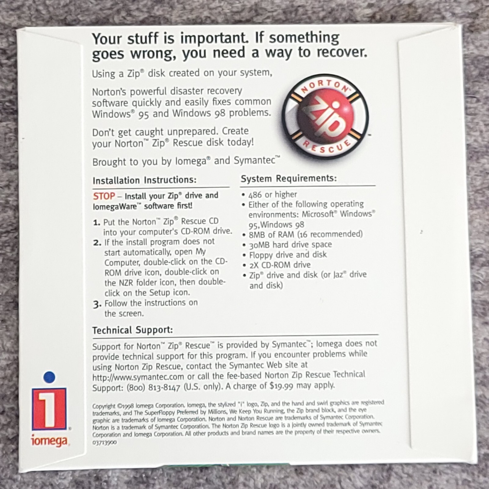 Iomega Zip Software CD Norton Rescue PC Windows 95 1998 Disaster Recovery