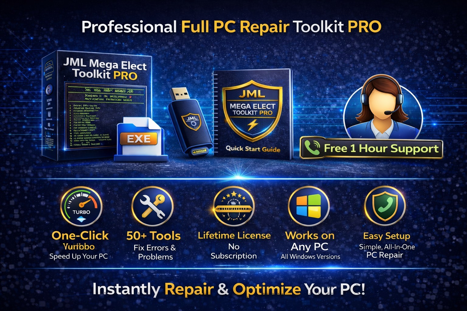 JML Mega Elect PC Repair Toolkit PRO USB | 1-Click Fix 50+ Tools No Sub