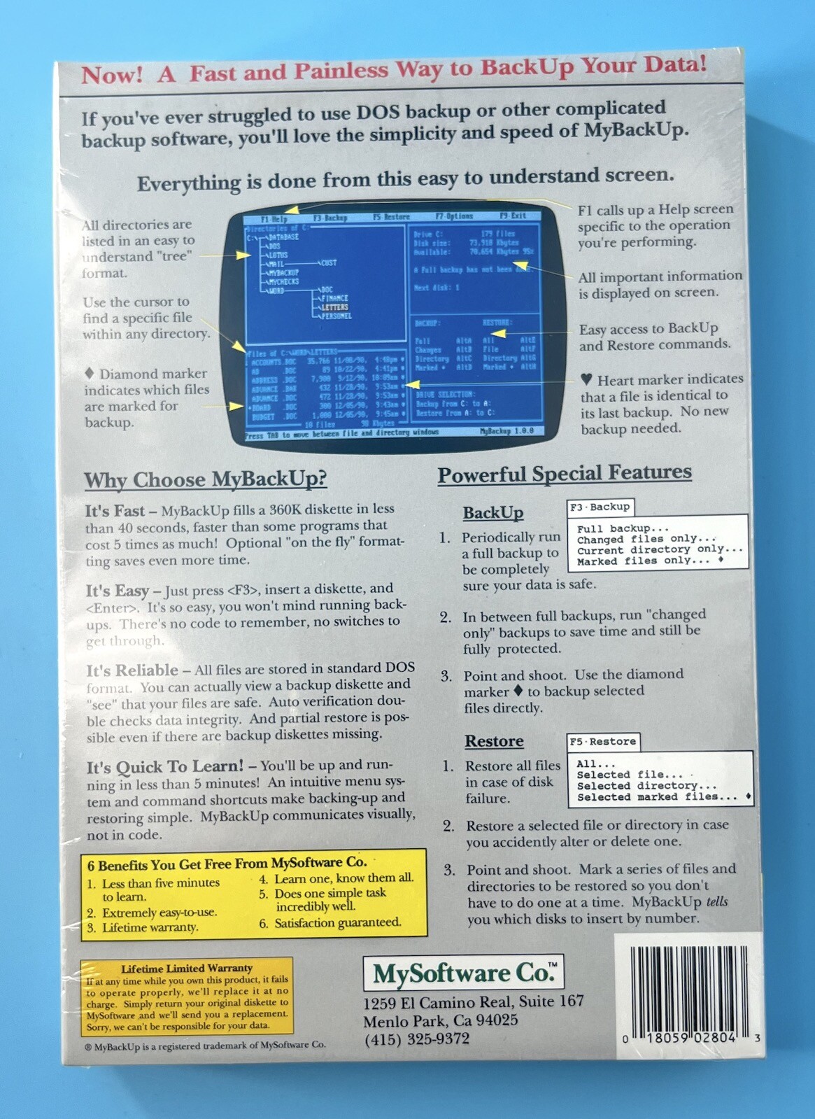 MyBackUp Software for DOS 2.0 or Greater on 3.5” Diskette IBM Tandy – New NIB