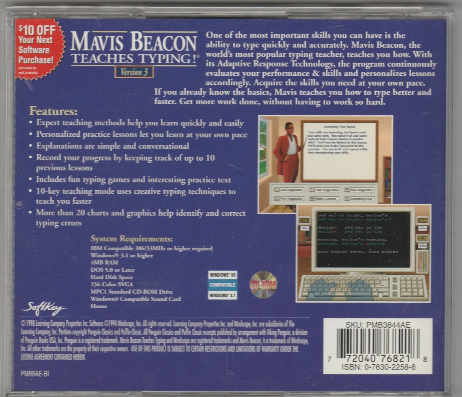 Mavis Beacon Teaches Typing Ver. 3 CD-Rom for Windows 3.1 & 95 by Softkey