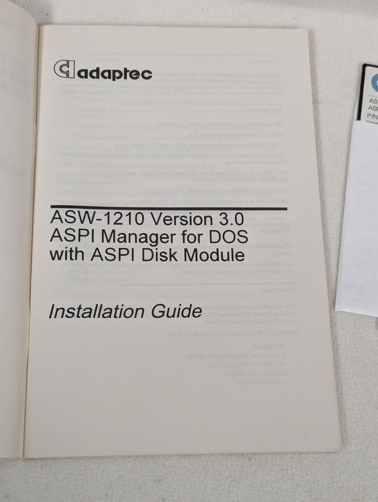 ADAPTEC v3.0 ASPI DOS MANAGER ASW-1210 Windows 5.25″ & 3.5″ Install Floppy