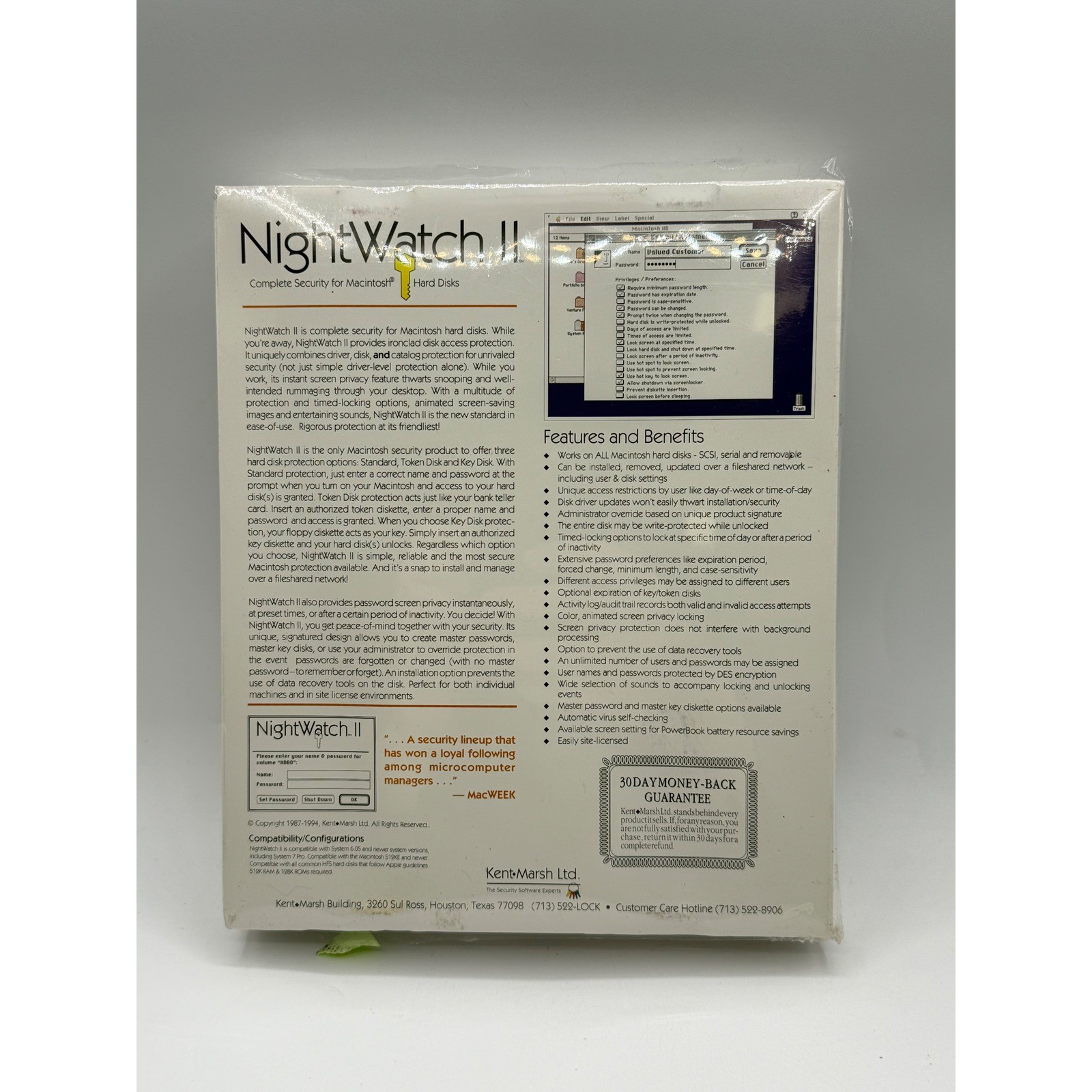 Vtg NightWatch II Macintosh Security Software Hard Disk Protection Kent Marsh