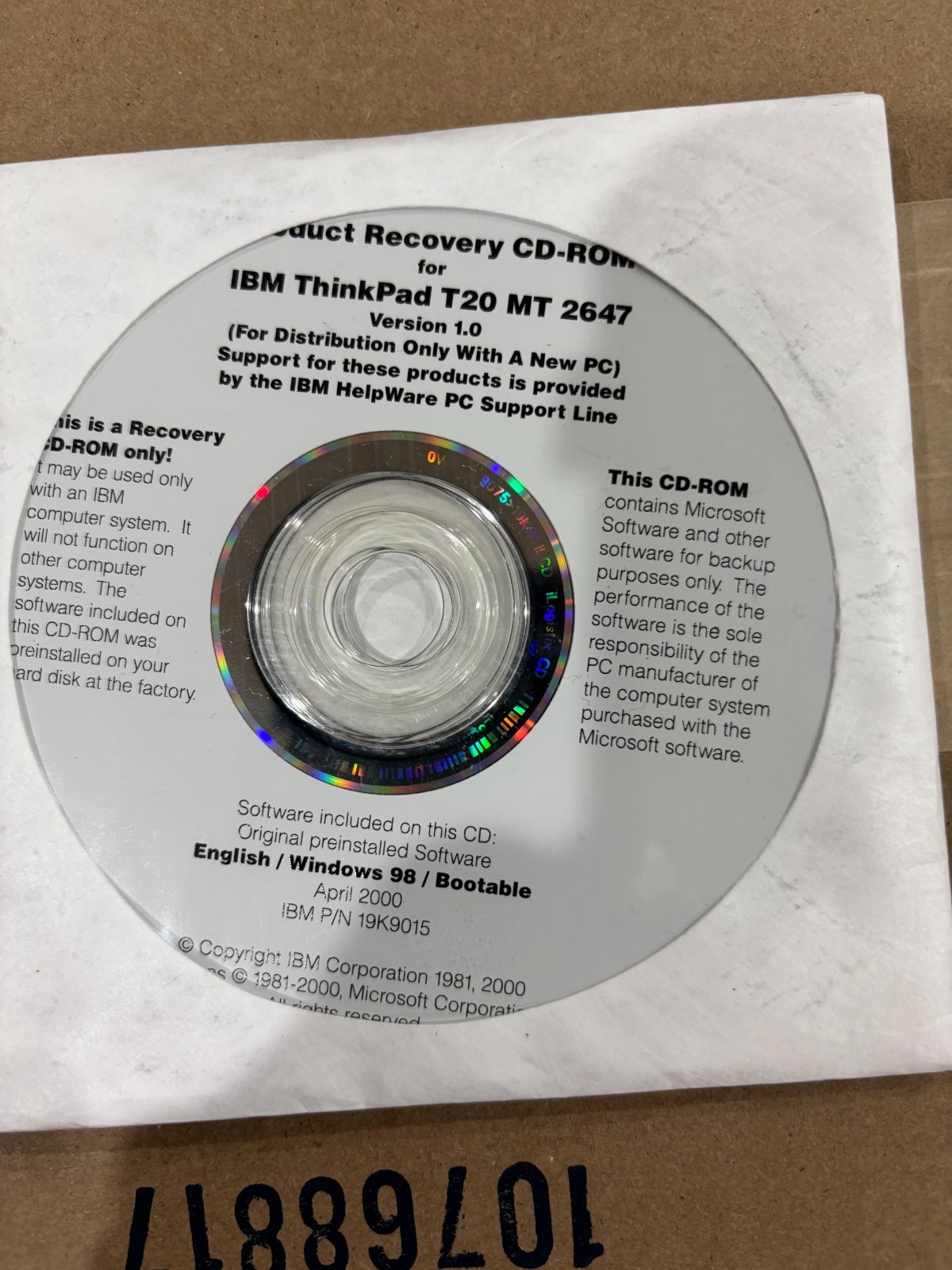 IBM Thinkpad T20 MT 2647 Recovery CD