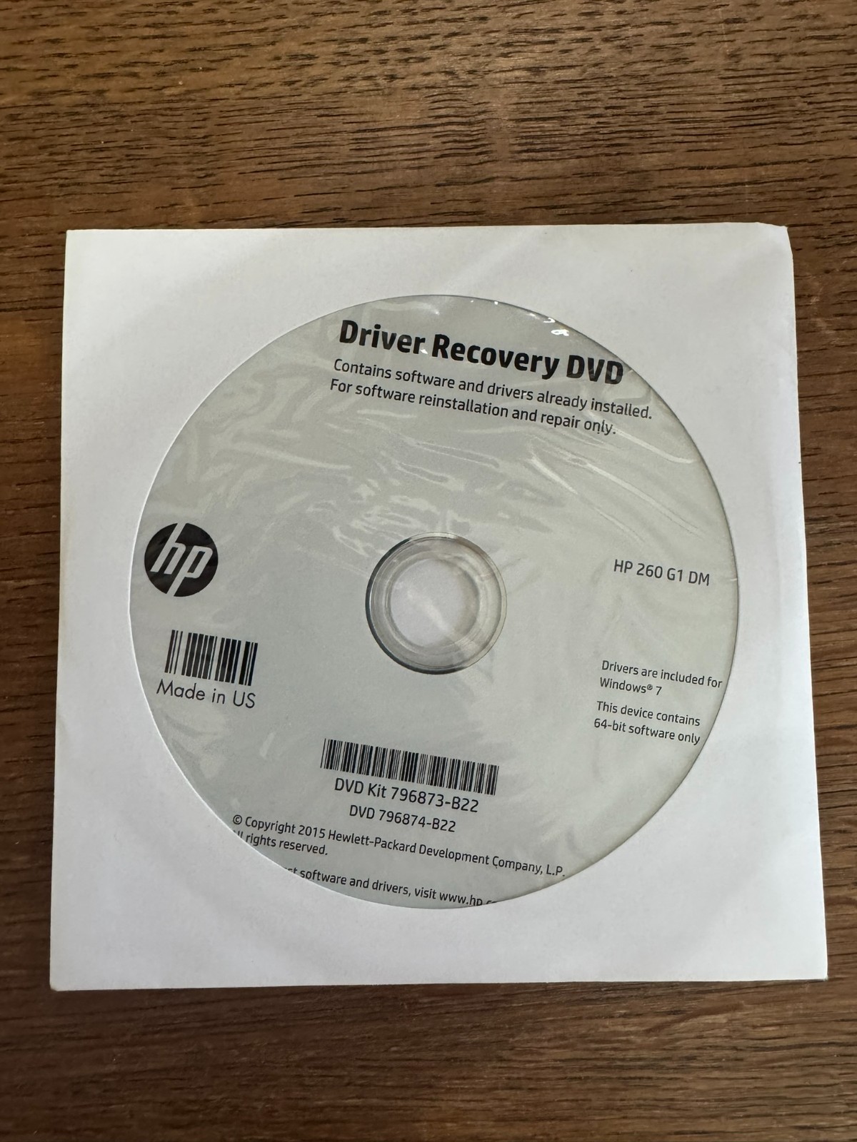 HP Drive Recovery DVD HP 260 G1 DM Windows 7 796874-B22 796873-B22