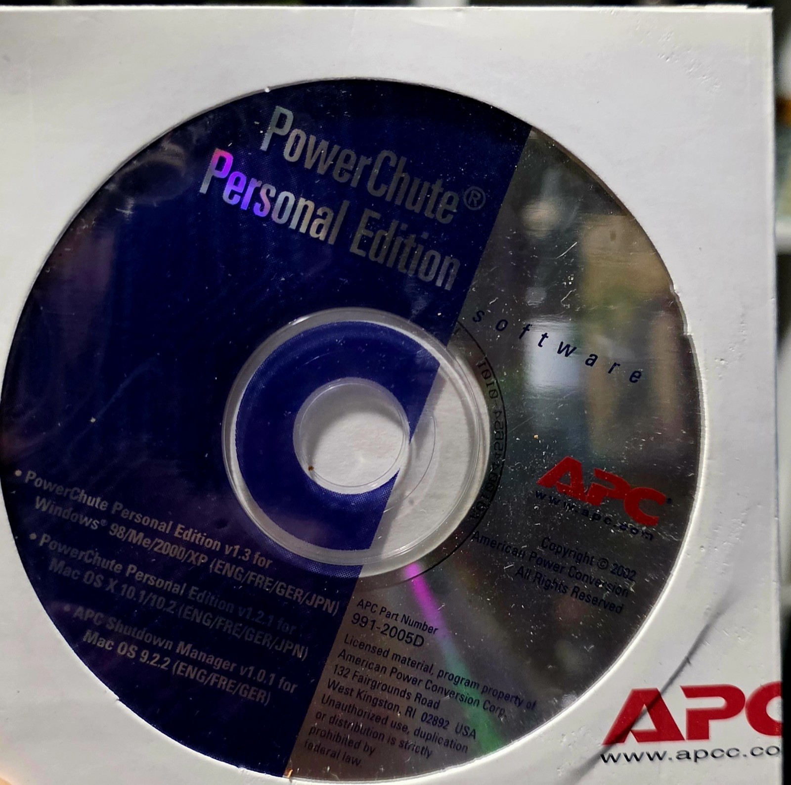 APC PowerChute Personal Ed Software CD Windows 98/Me/2000/2003/XP & Mac OSX 10.2