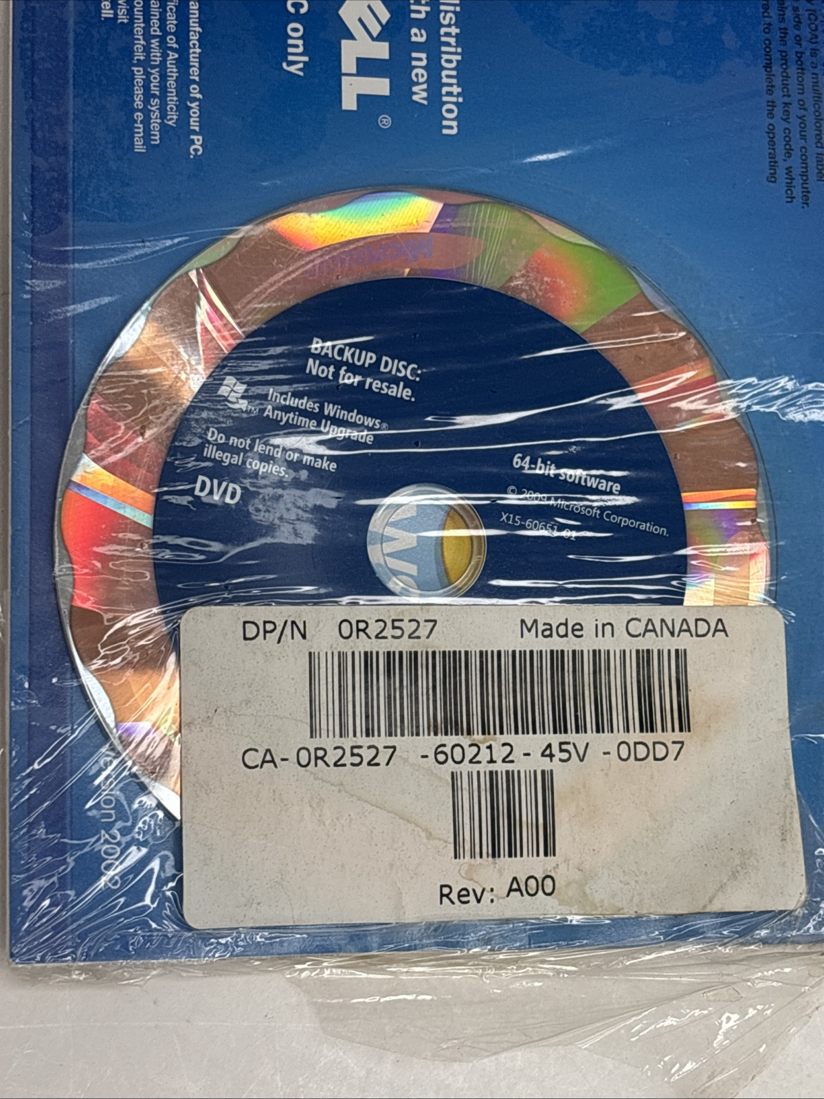 Dell Backup Disc DVD Manual 64-bit 2009 Includes Windows Anytime Upgrade