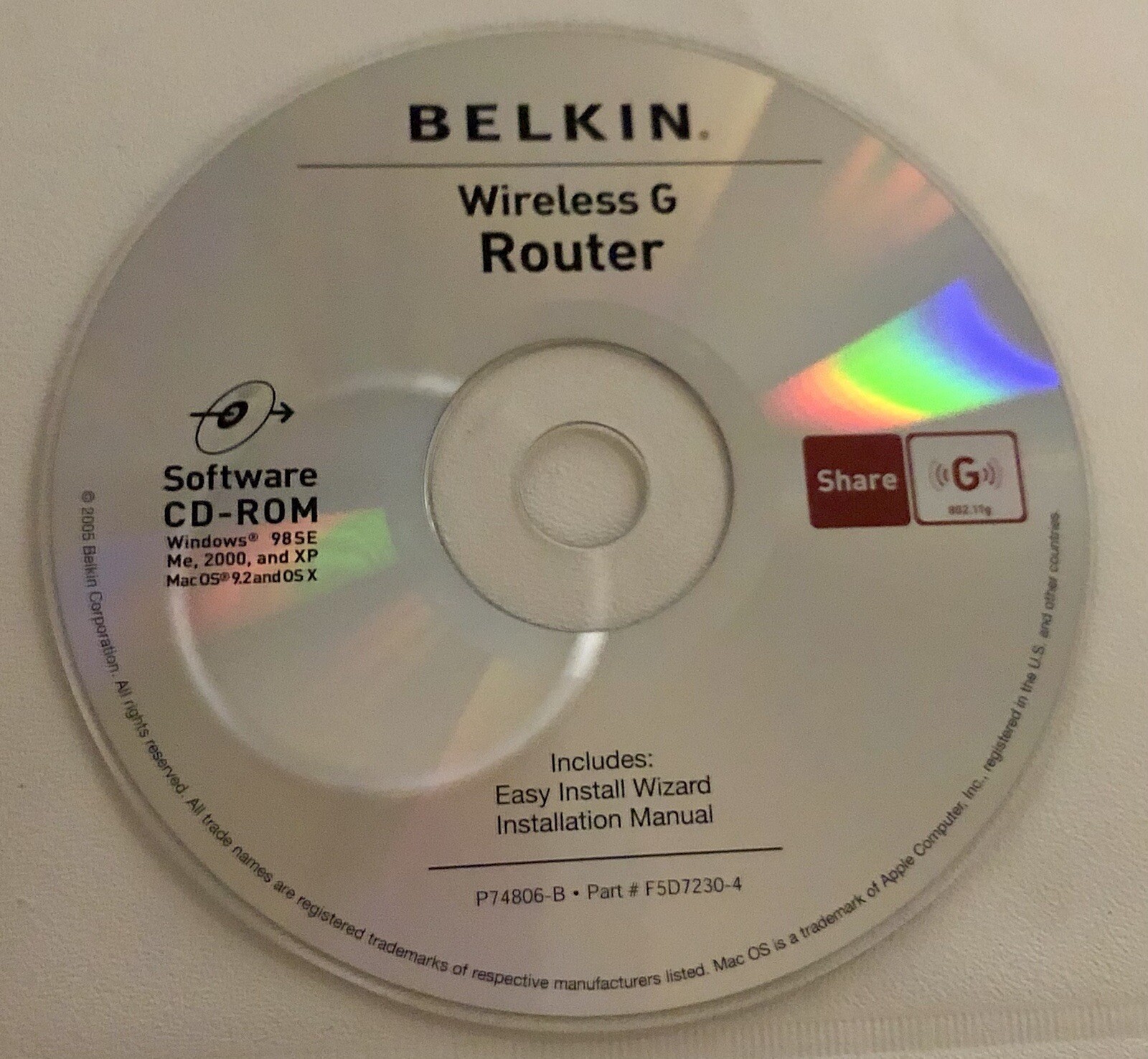Belkin Wireless G Router CD Rom Software Win 98SE/ME/2000/XP Mac OS 9.2 & X