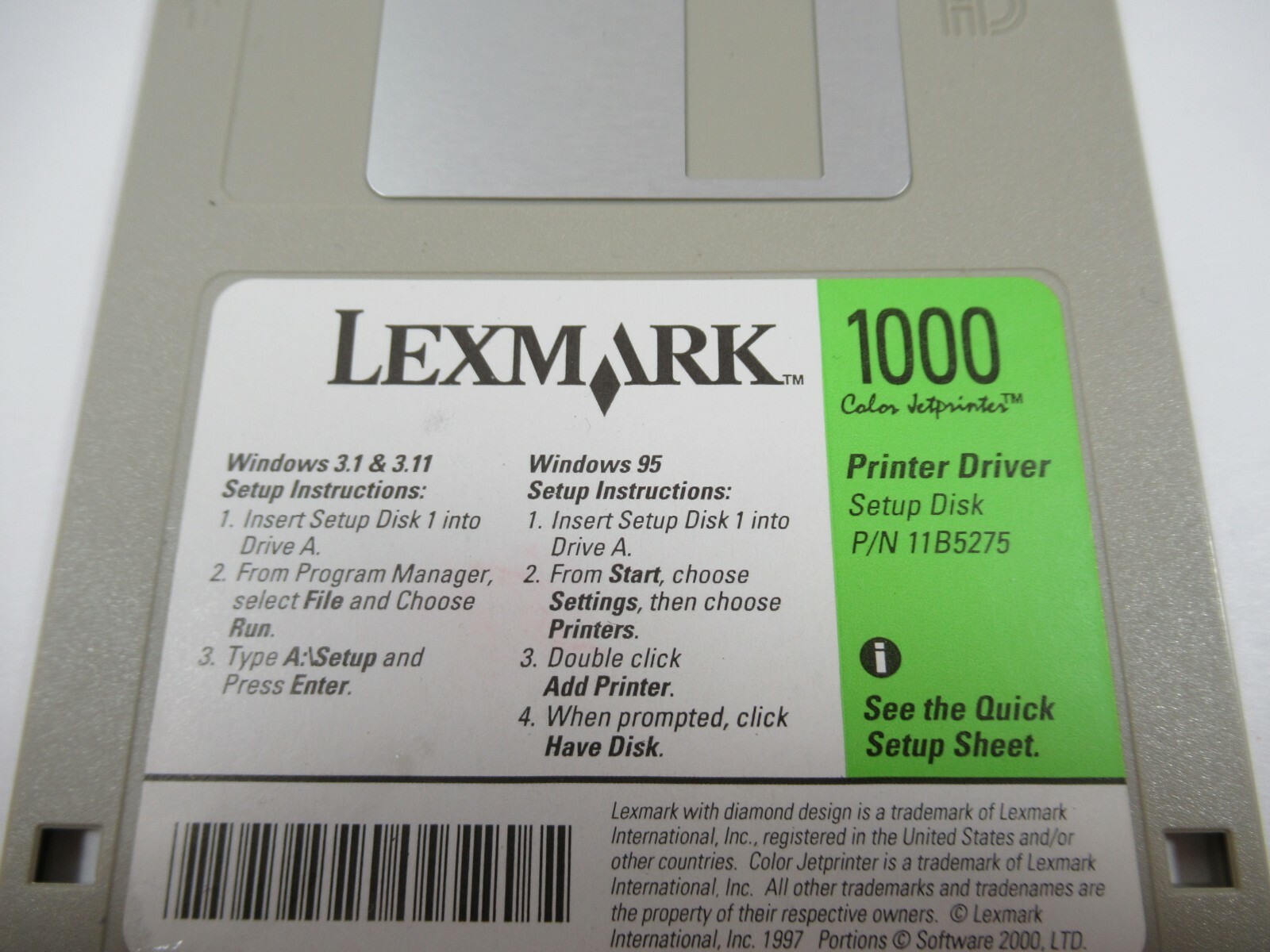 3.5 Diskette Lexmark Printer Driver 1000 Color Jet for Windows 3.1 & 3.11 & 95