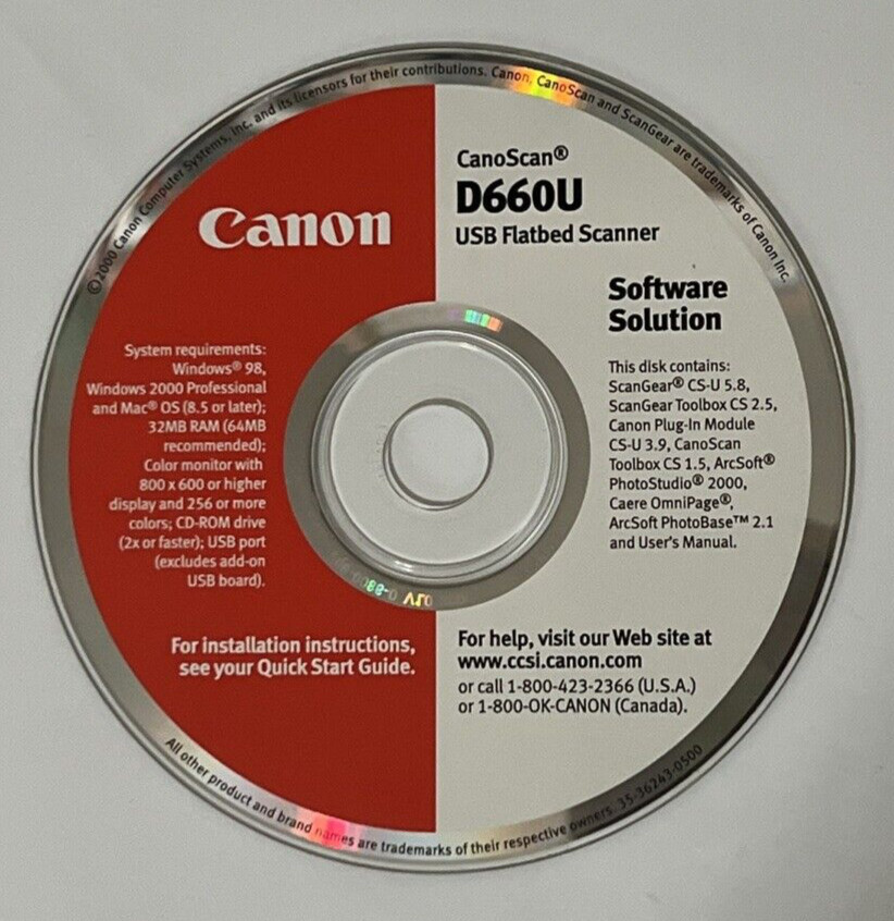 Canon Canoscan D660U Flatbed Scanners Software & Drivers Disk CD