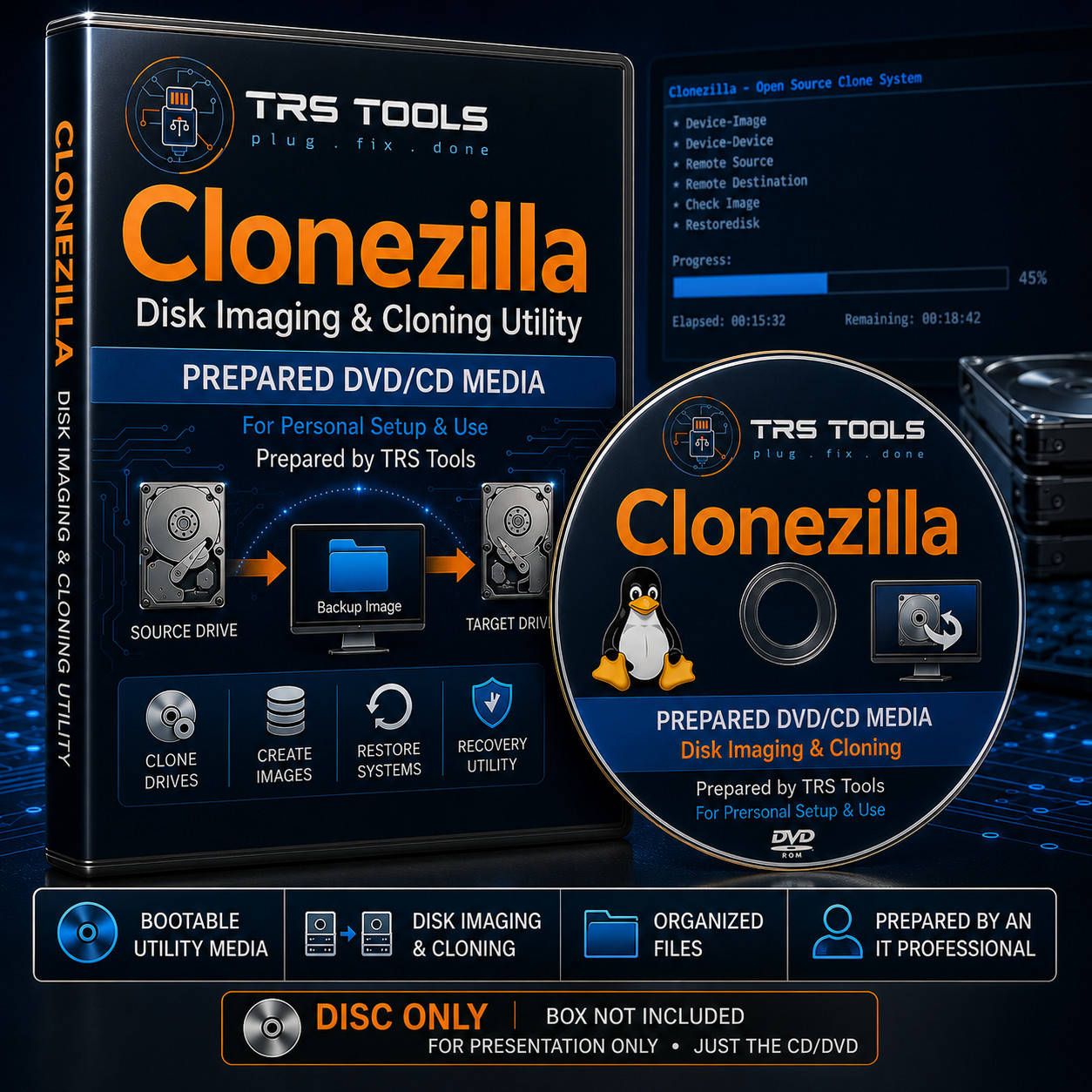 Clonezilla Disk Imaging & Cloning DVD/CD Prepared Physical Media