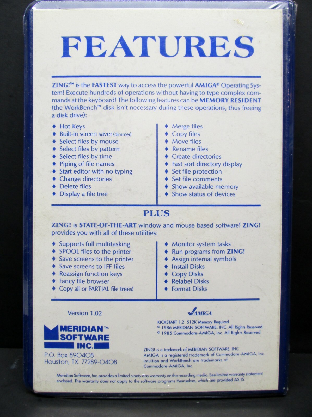 ZING !, Version 1.02 for the AMIGA, Meridian Software 1986, New in Shrink Wrap