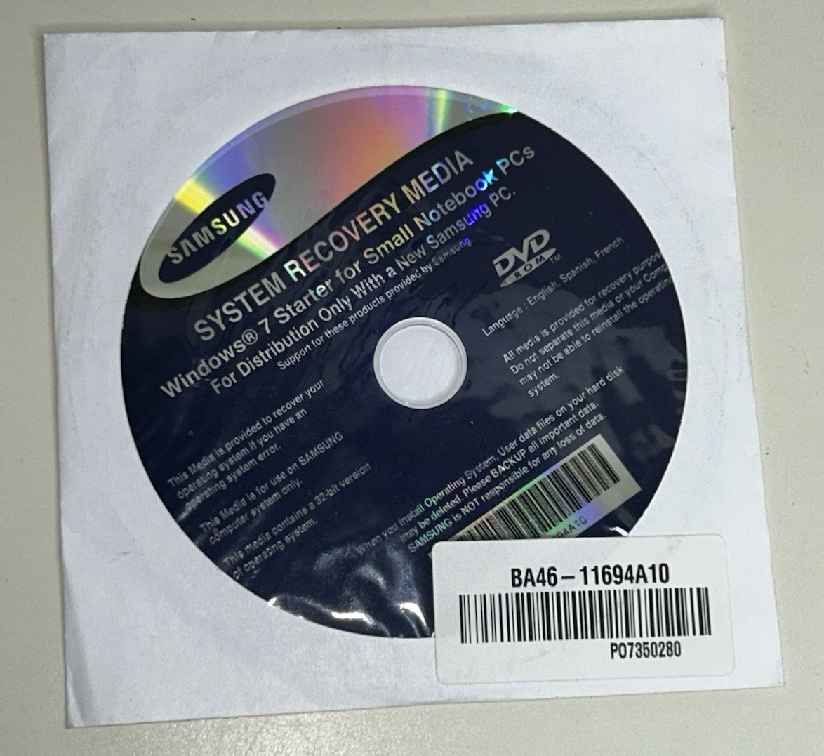 Samsung System Recovery Media DISC ONLY Windows 7 Starter for Sm Notebook PCs