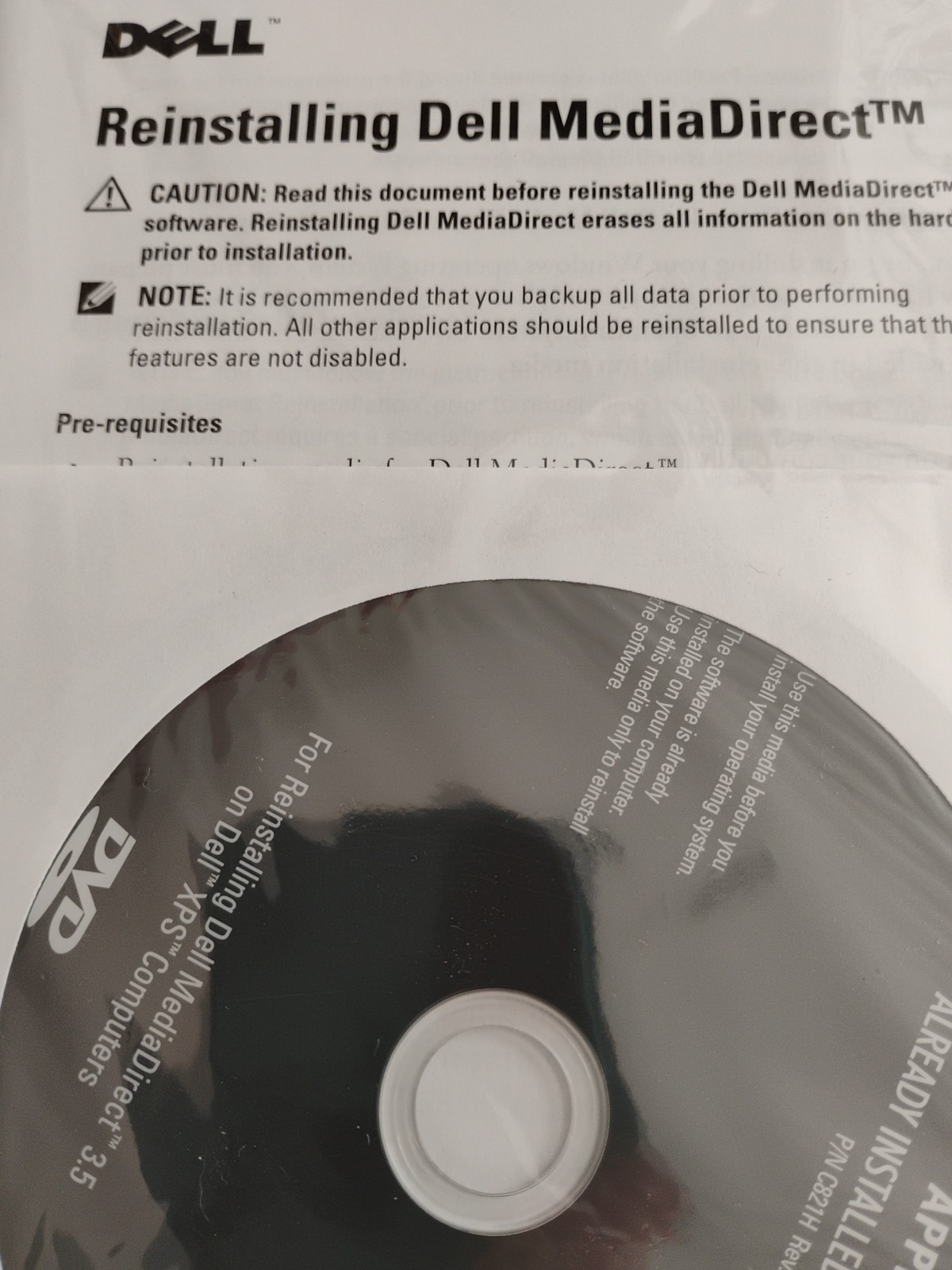 Dell MediaDirect 3.5 Reinstallation Disc and Manual Unopened Free Shipping
