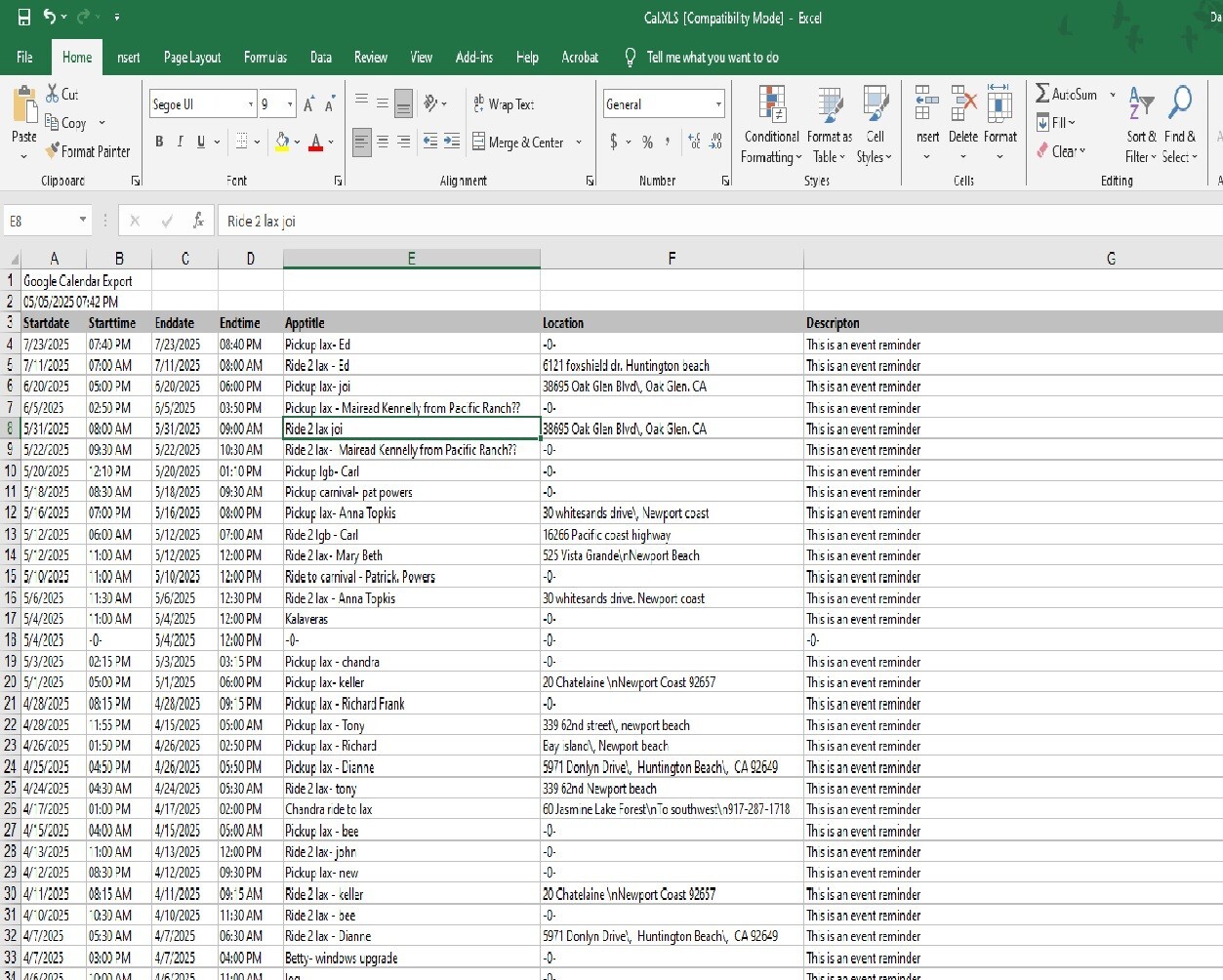 Convert Google Calendar to Excel