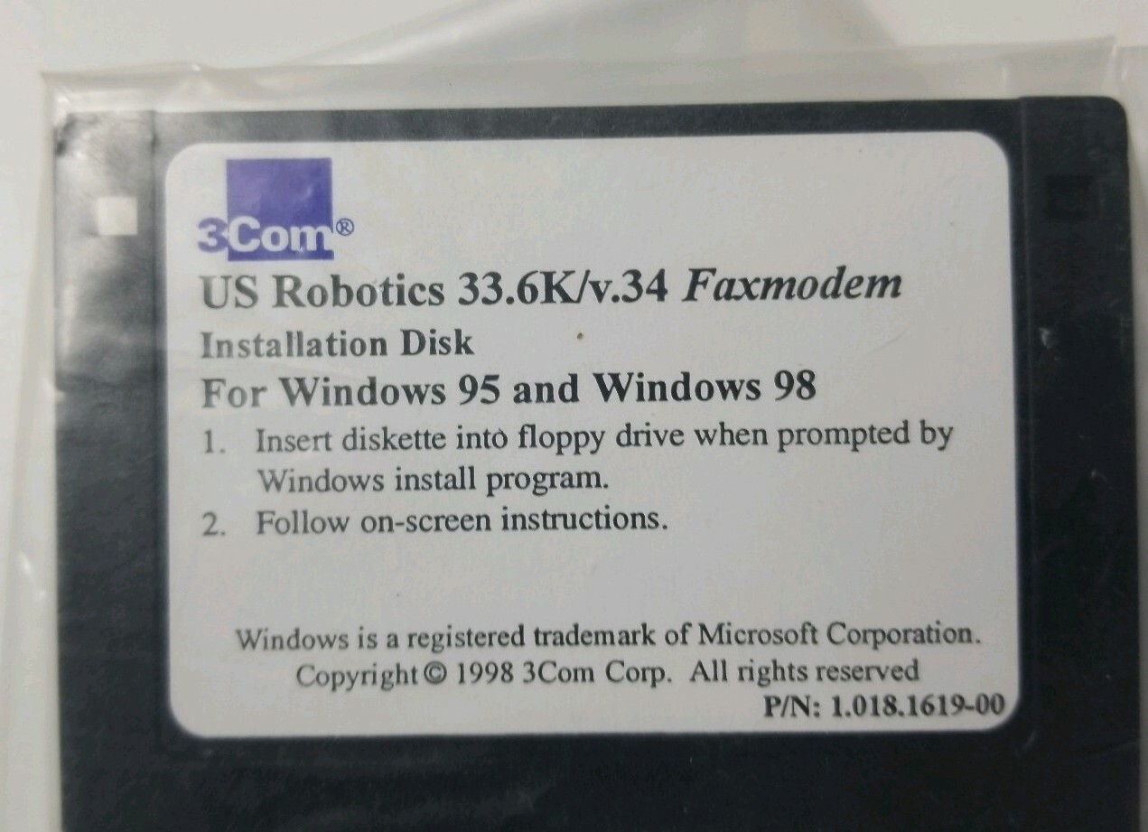 US Robotics 33.6K Fax Modem Installation Diskette Floppy Disk for Win 95 98