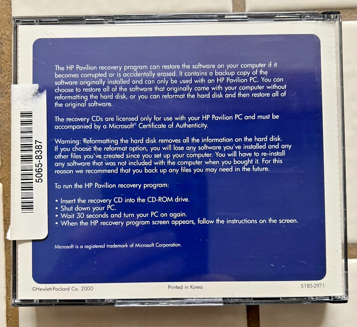 HP Pavilion Recovery 3 Disc CD Set System & Application Recovery 2000 Nice Discs