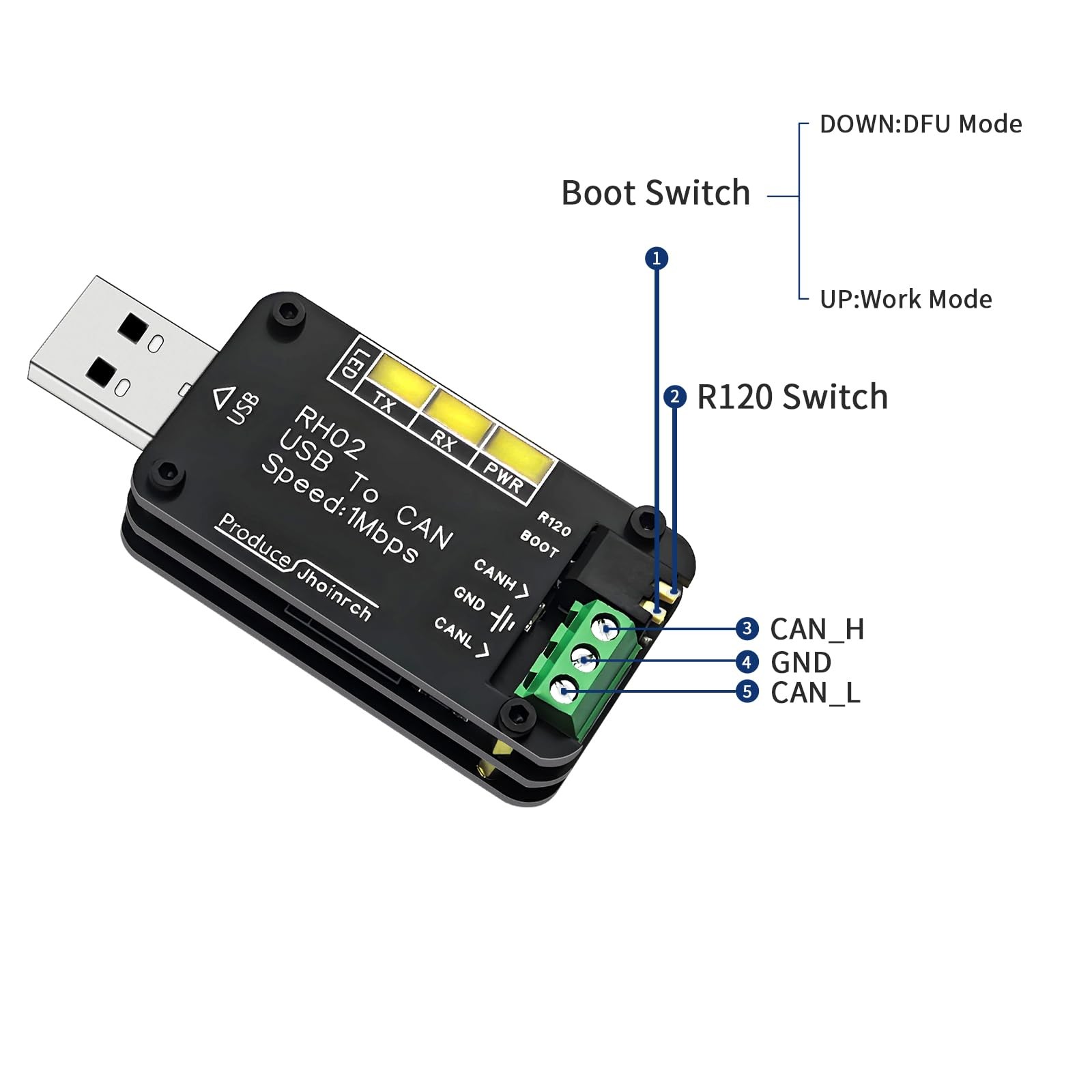 Jhoinrch USB to CAN Bus Converter Base on Open-Source Hardware CANable Black