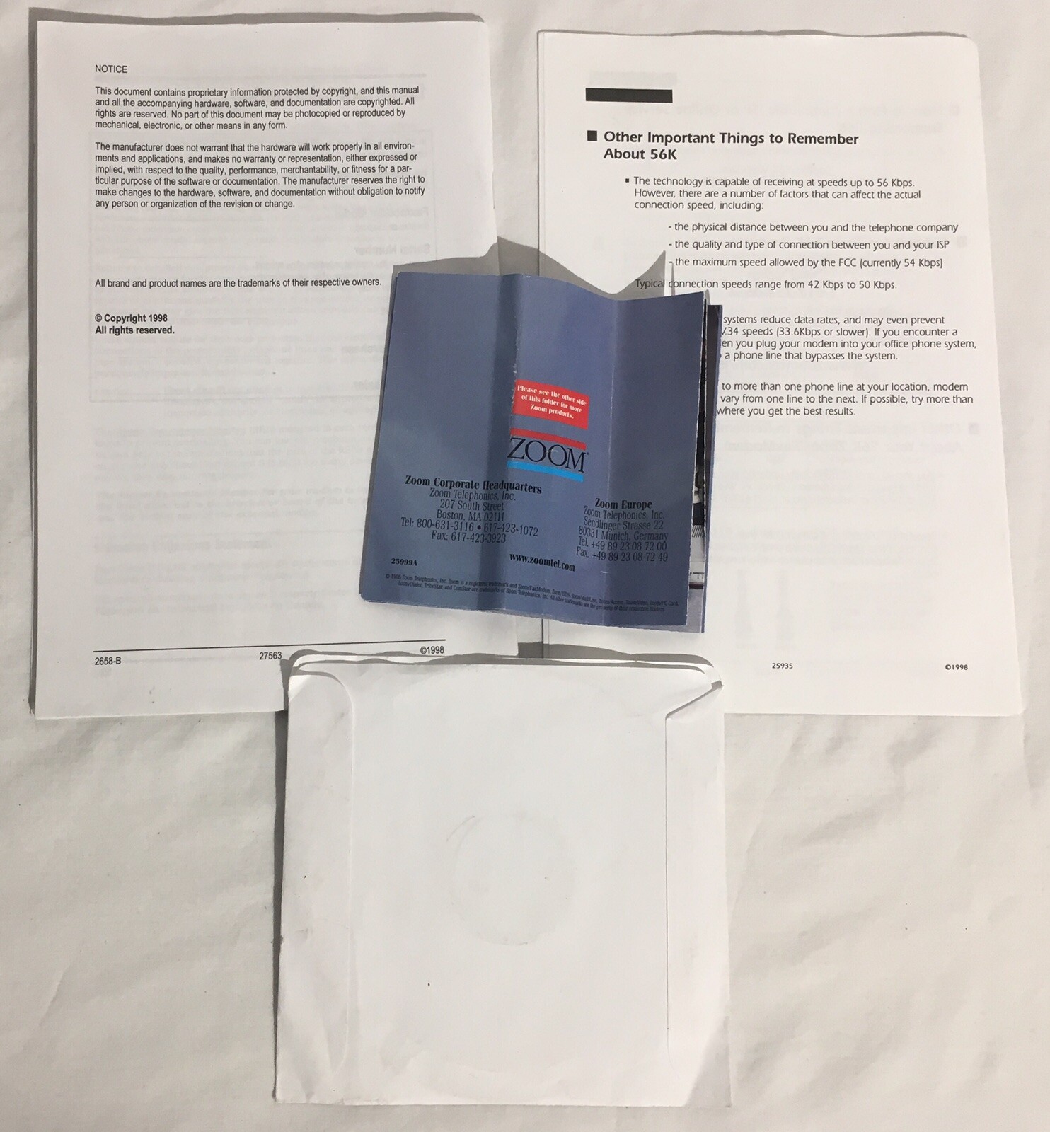 Vintage ZOOM 56k Modem CD-ROM Software Manual & Brochure Windows 3.1 95 98