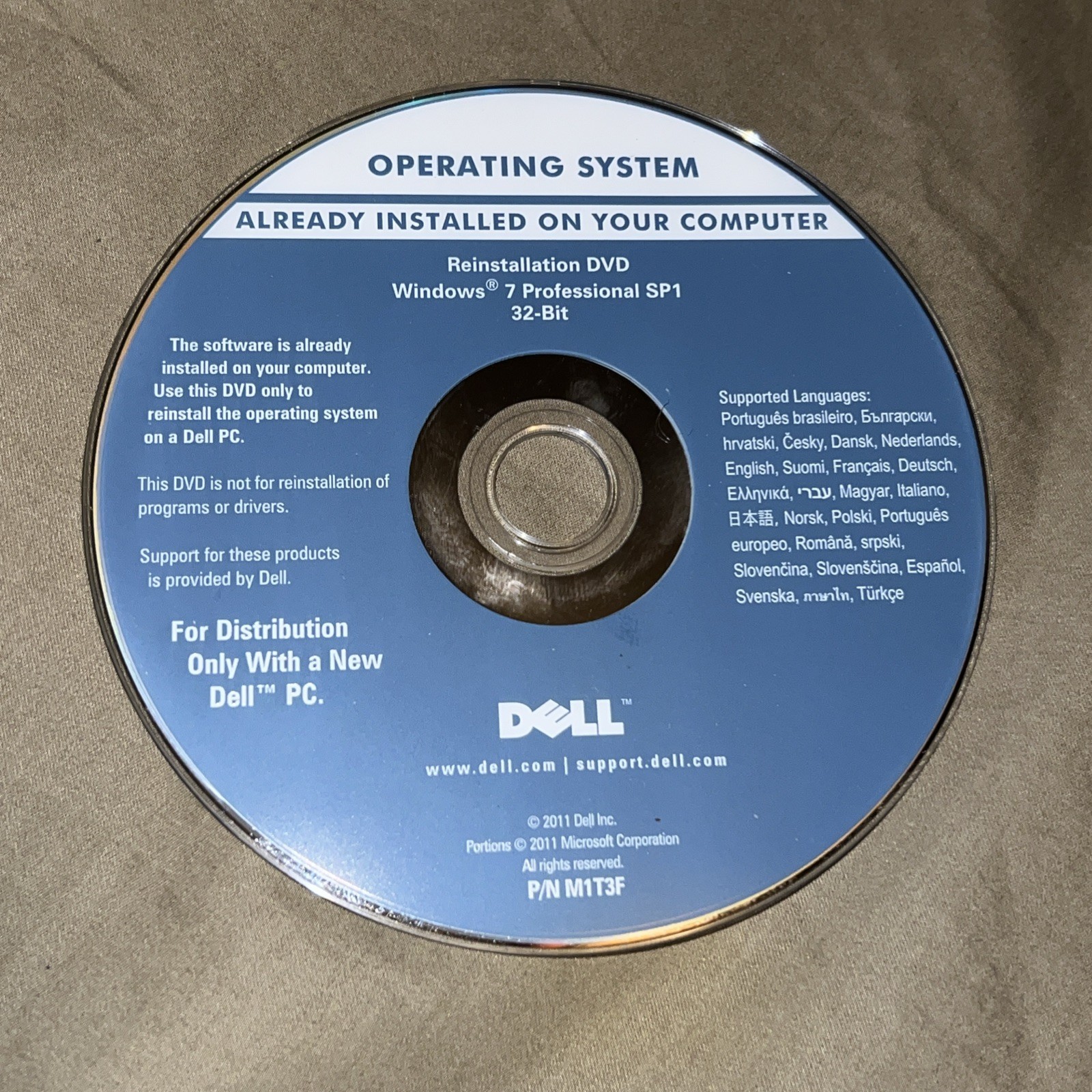 Dell Laptop/pc Recovery Disc DVD Windows 7 Professional SP1 32-Bit M1T3F 2011