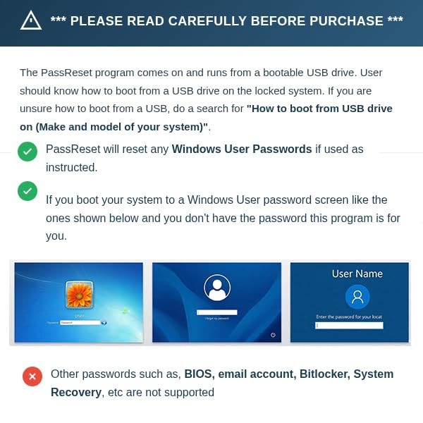 Password Reset Recovery USB for Windows 11 ,10 ,8.1 ,7 ,Vista , XP, Server Compa