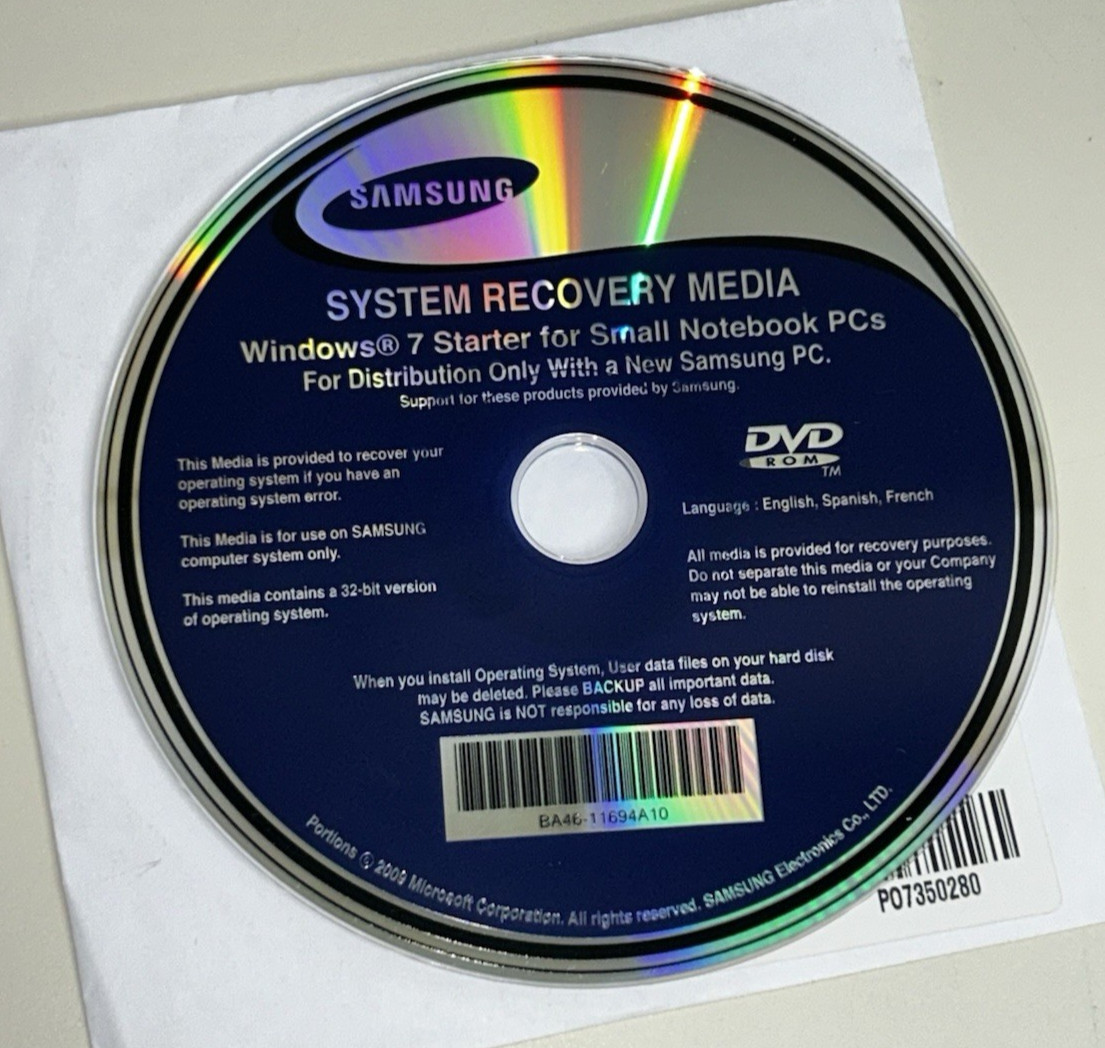 Samsung System Recovery Media DISC ONLY Windows 7 Starter for Sm Notebook PCs