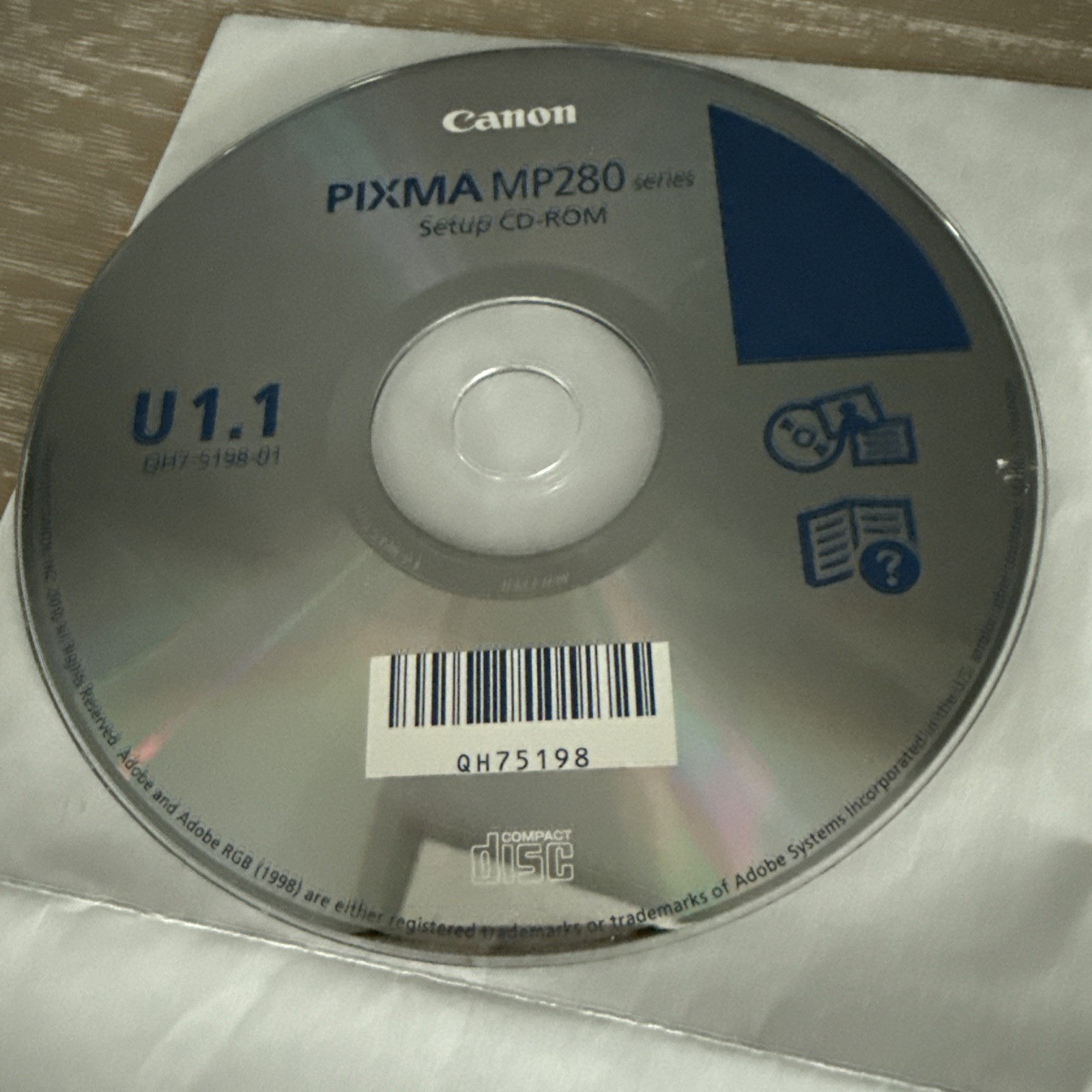 Canon PIXMA MP280 Series Setup CD-ROM Disc – U1.1 QH75198 – Software & Drivers
