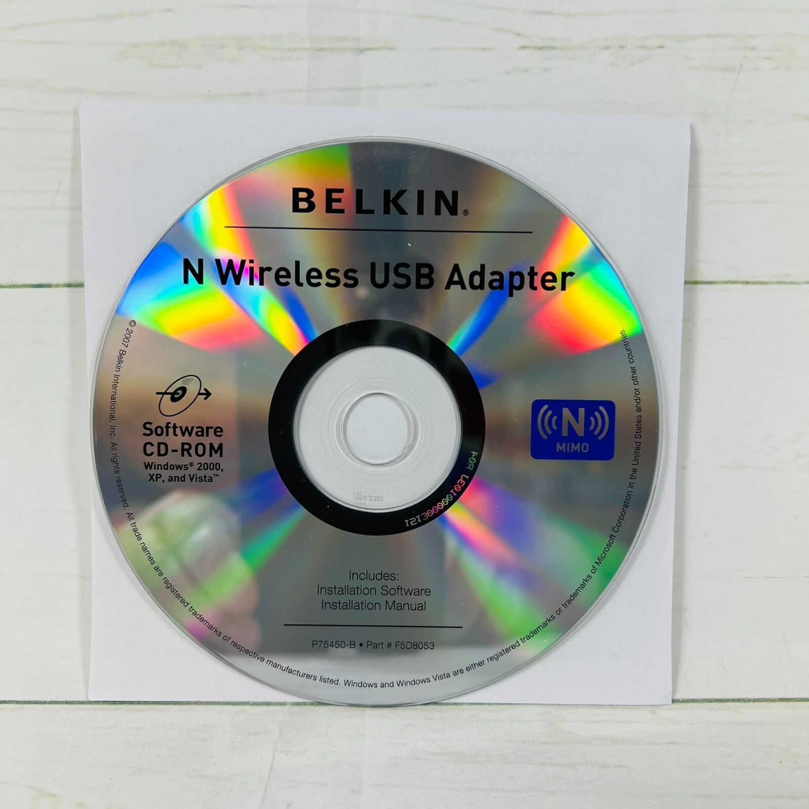 Belkin N Wireless USB Adapter Software CD-ROM P75450 F5D8053
